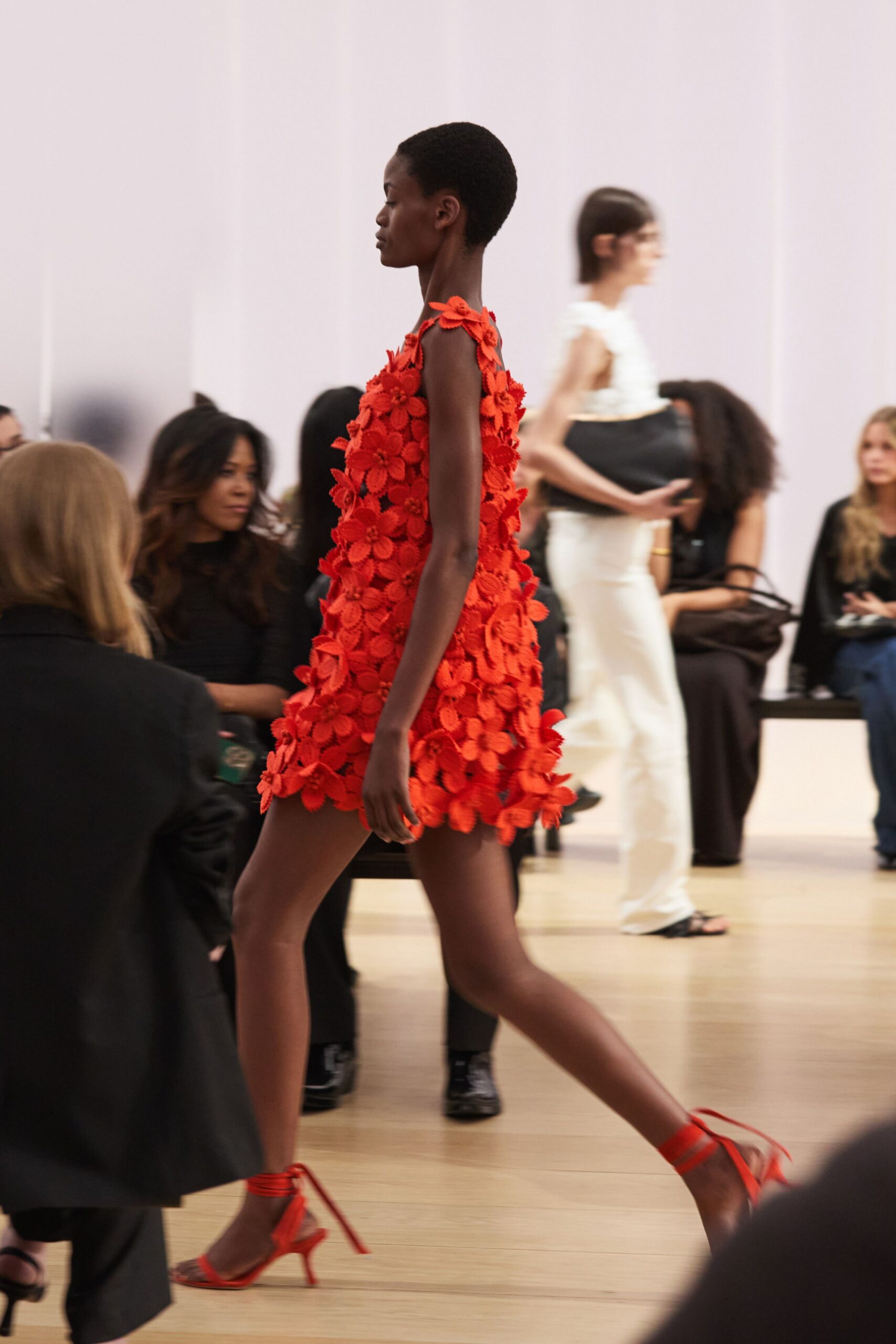 red crochet sleeveless high-neck floral embellished textured mini-dress