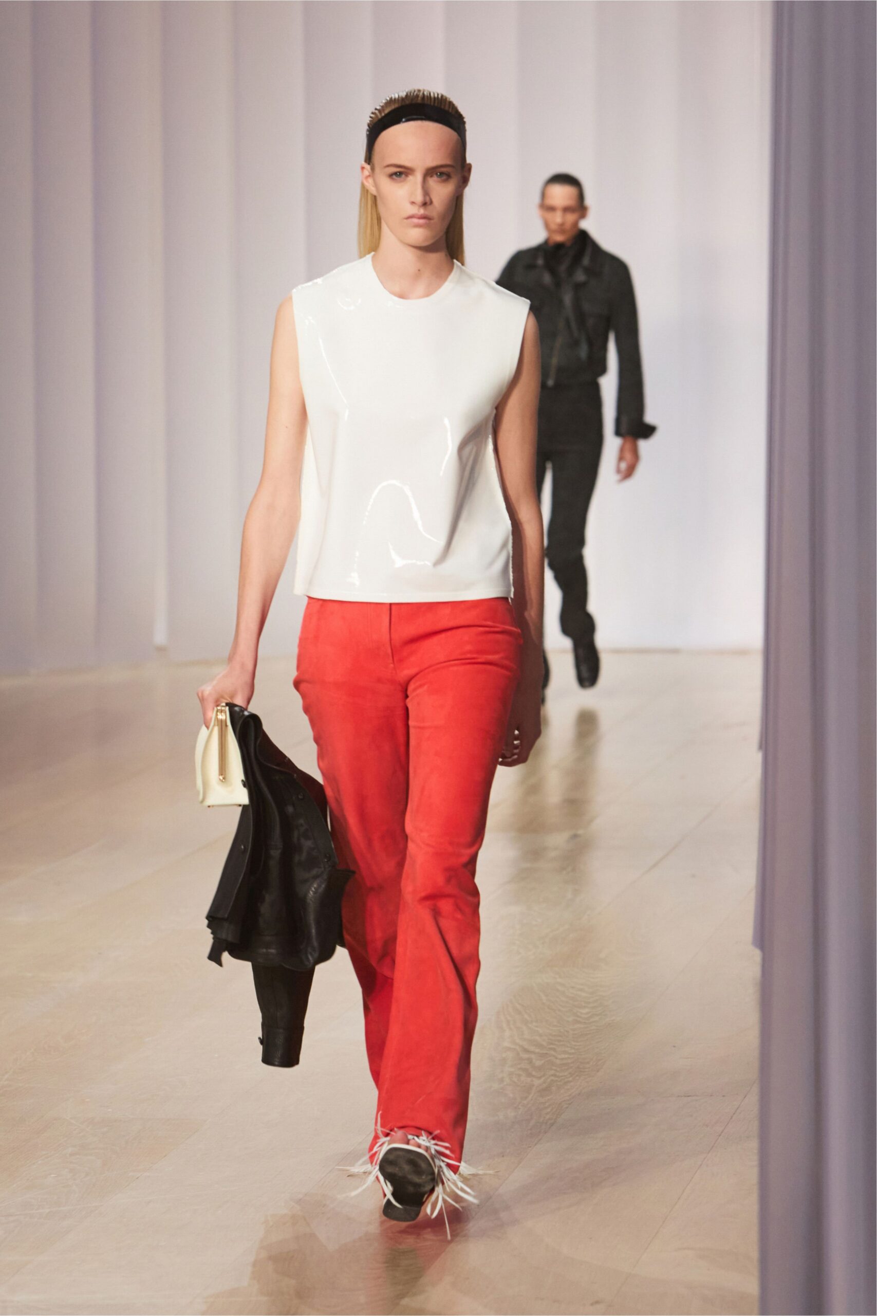 red suede straight-leg textured pants