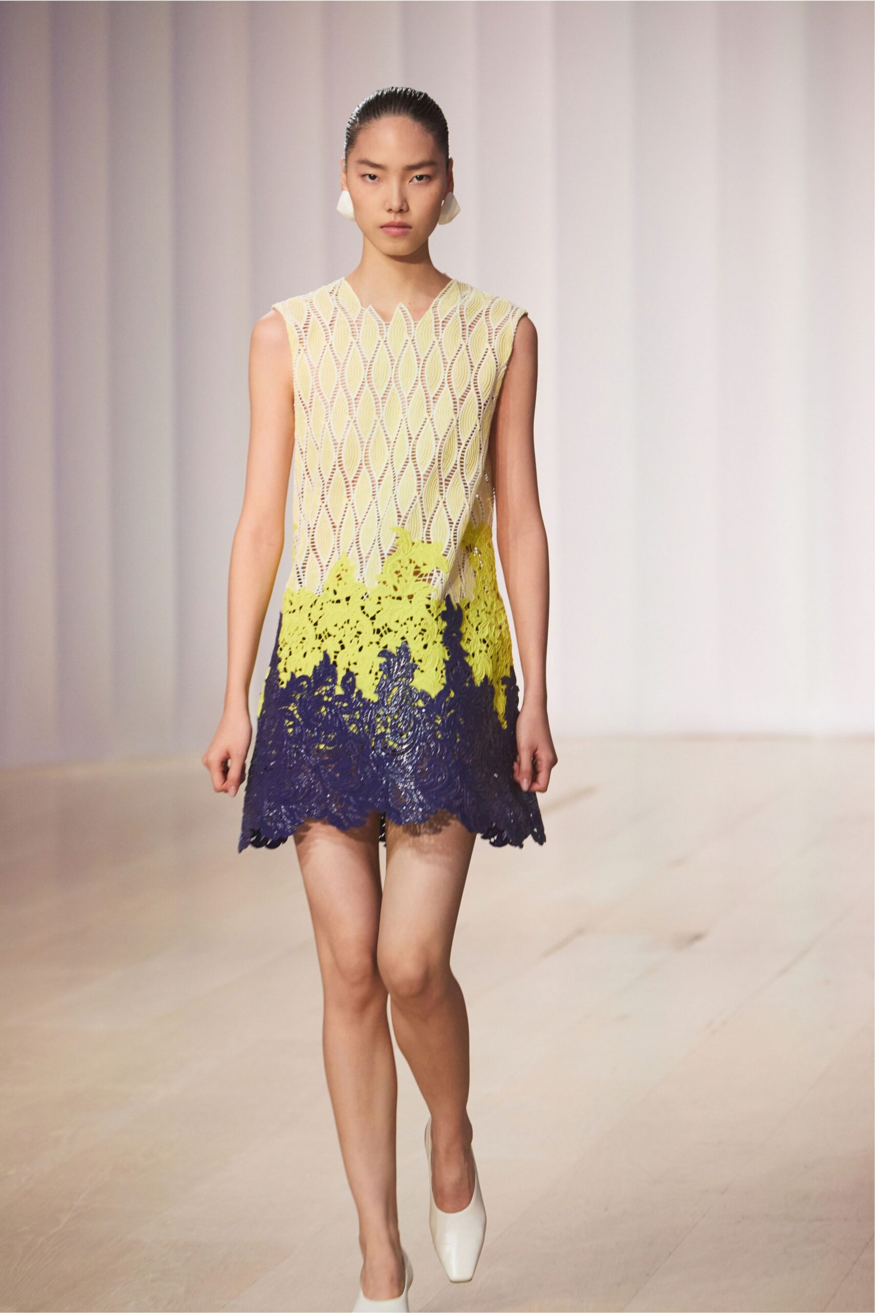 yellow crochet sleeveless high-neck floral openwork mini-dress