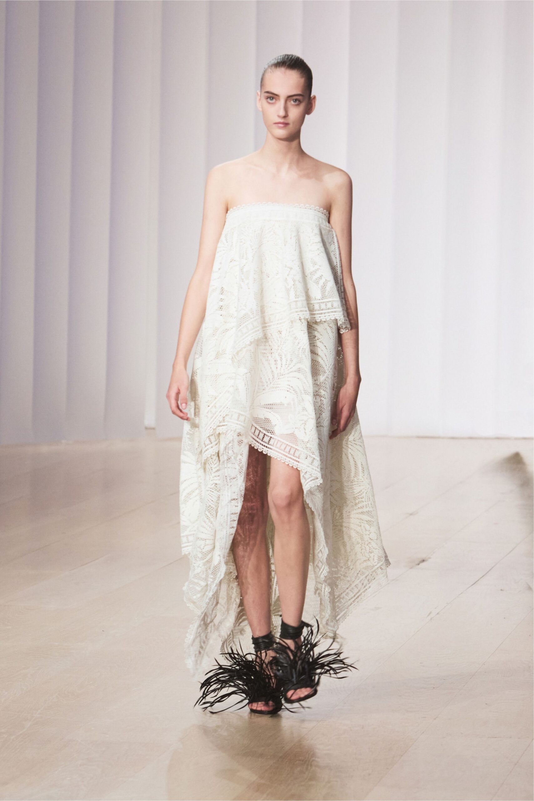 ivory lace strapless asymmetric printed draped gown