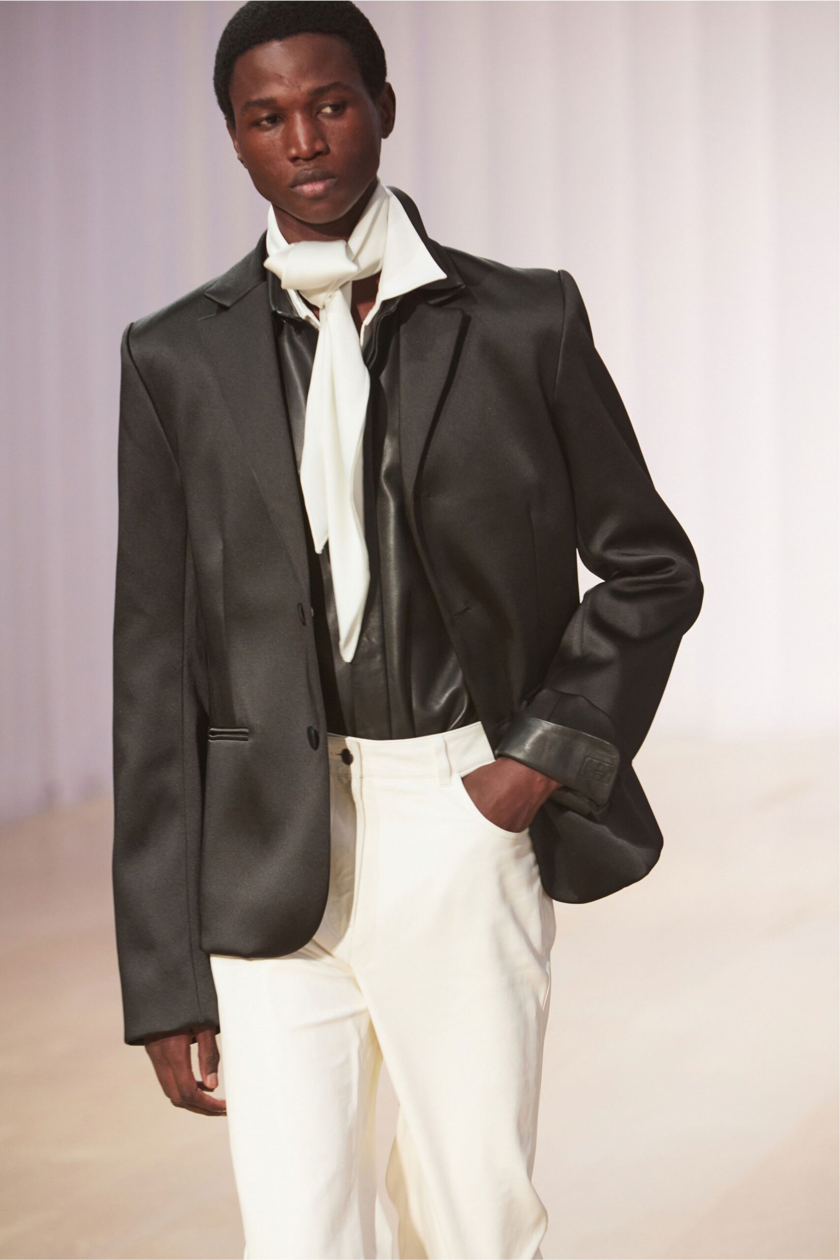 white silk flowing tie