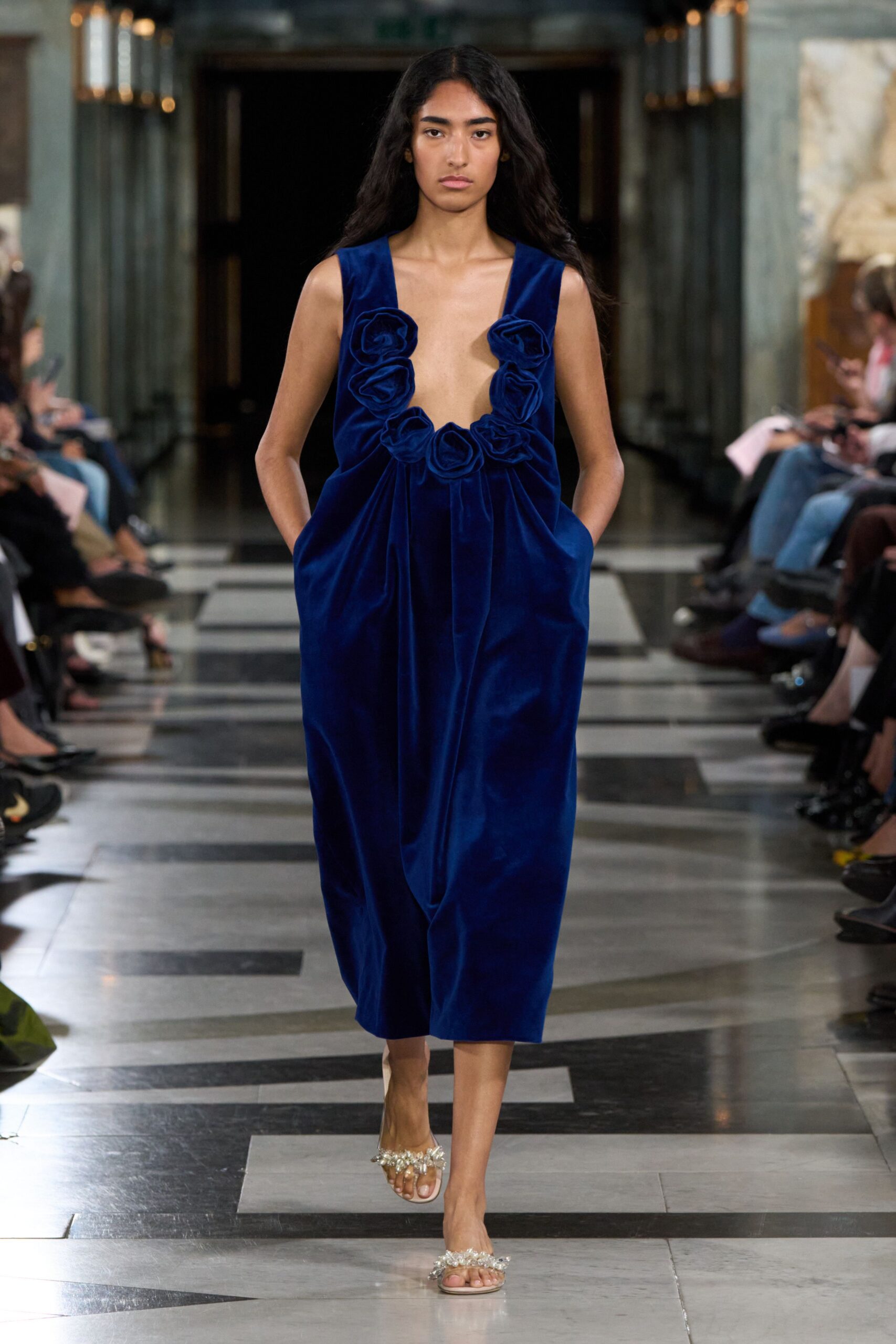 blue velvet rosette neckline midi dress