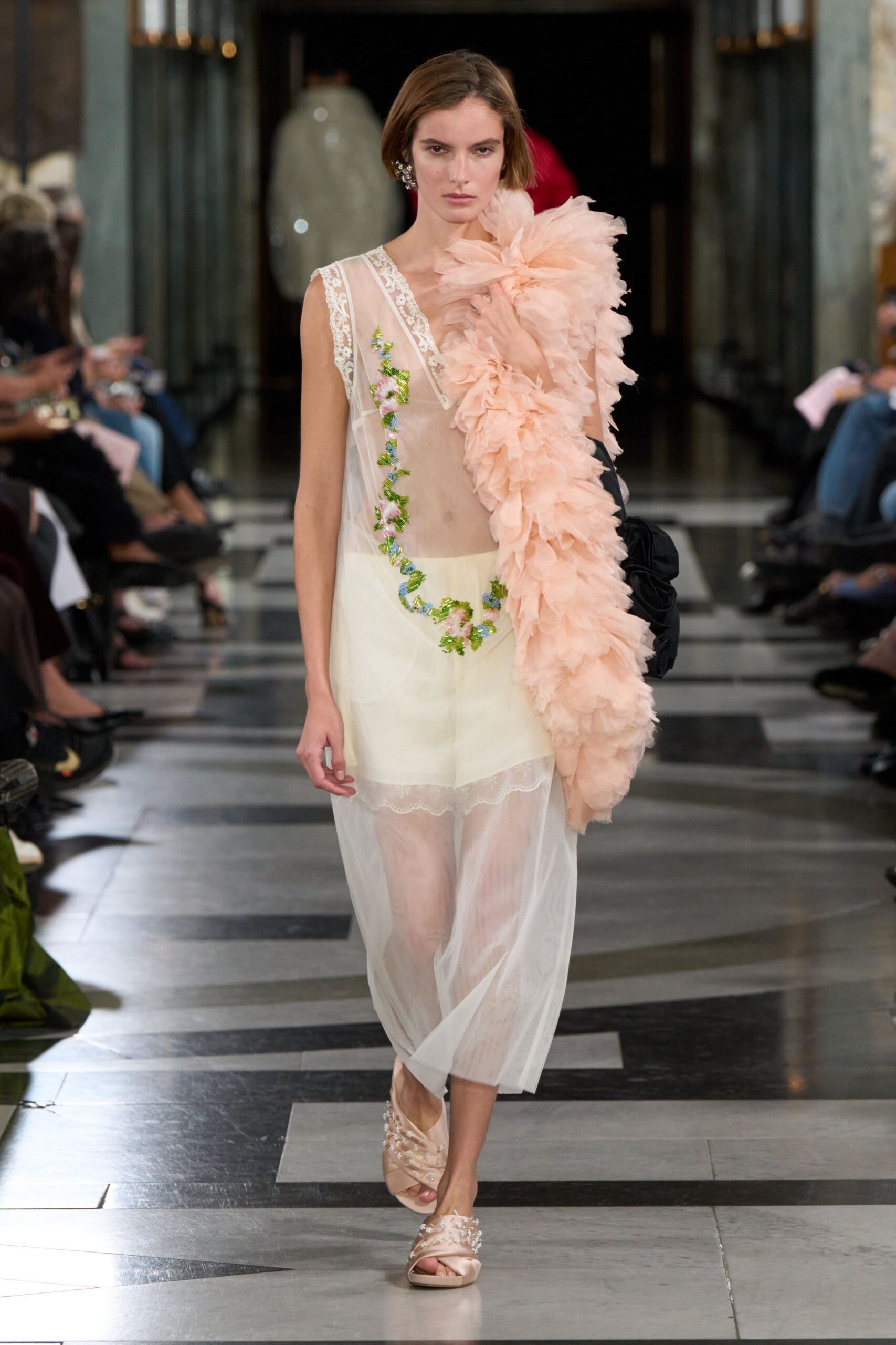 ruffled sheer embroidered evening dress