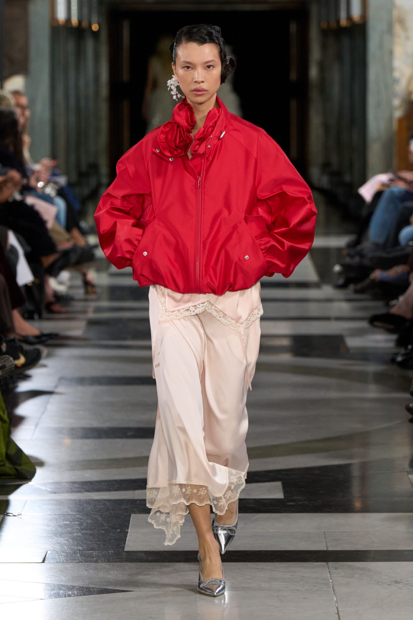 red balloon-sleeve bomber jacket
