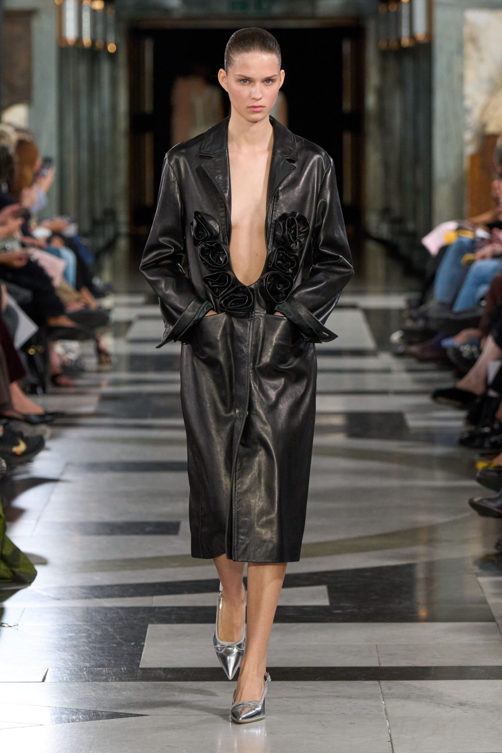 rosette-appliqué leather plunge dress