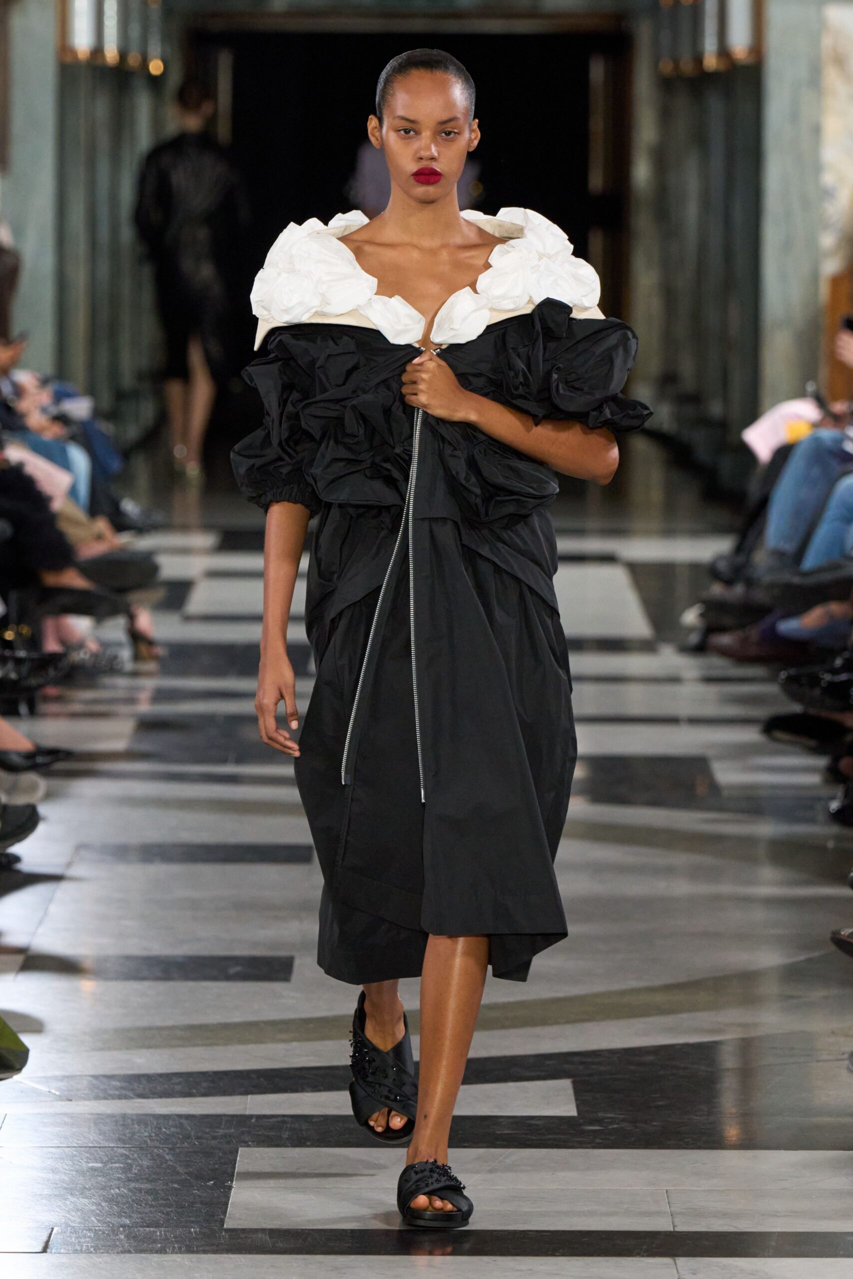 rosette off-shoulder midi dress