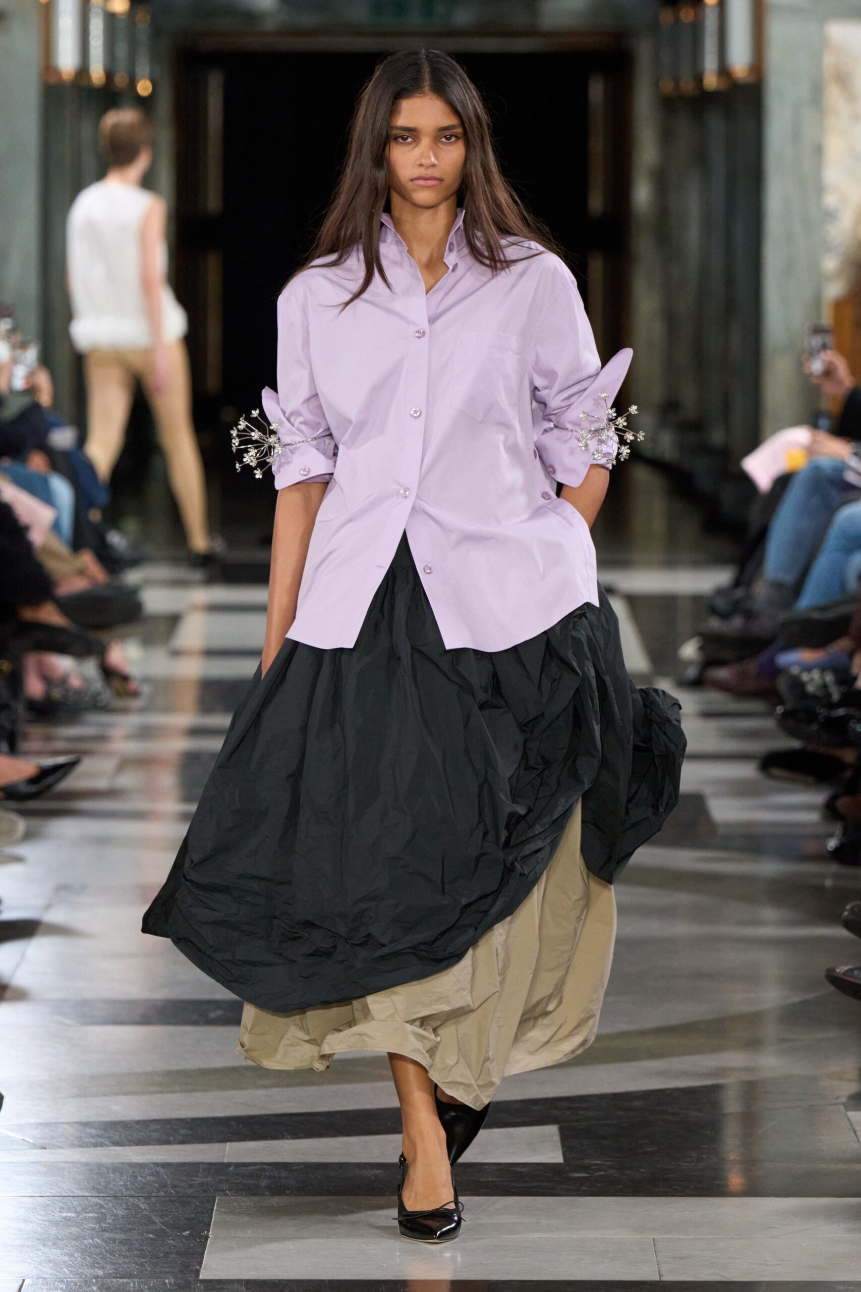 black nylon layered ruched textured maxi skirt