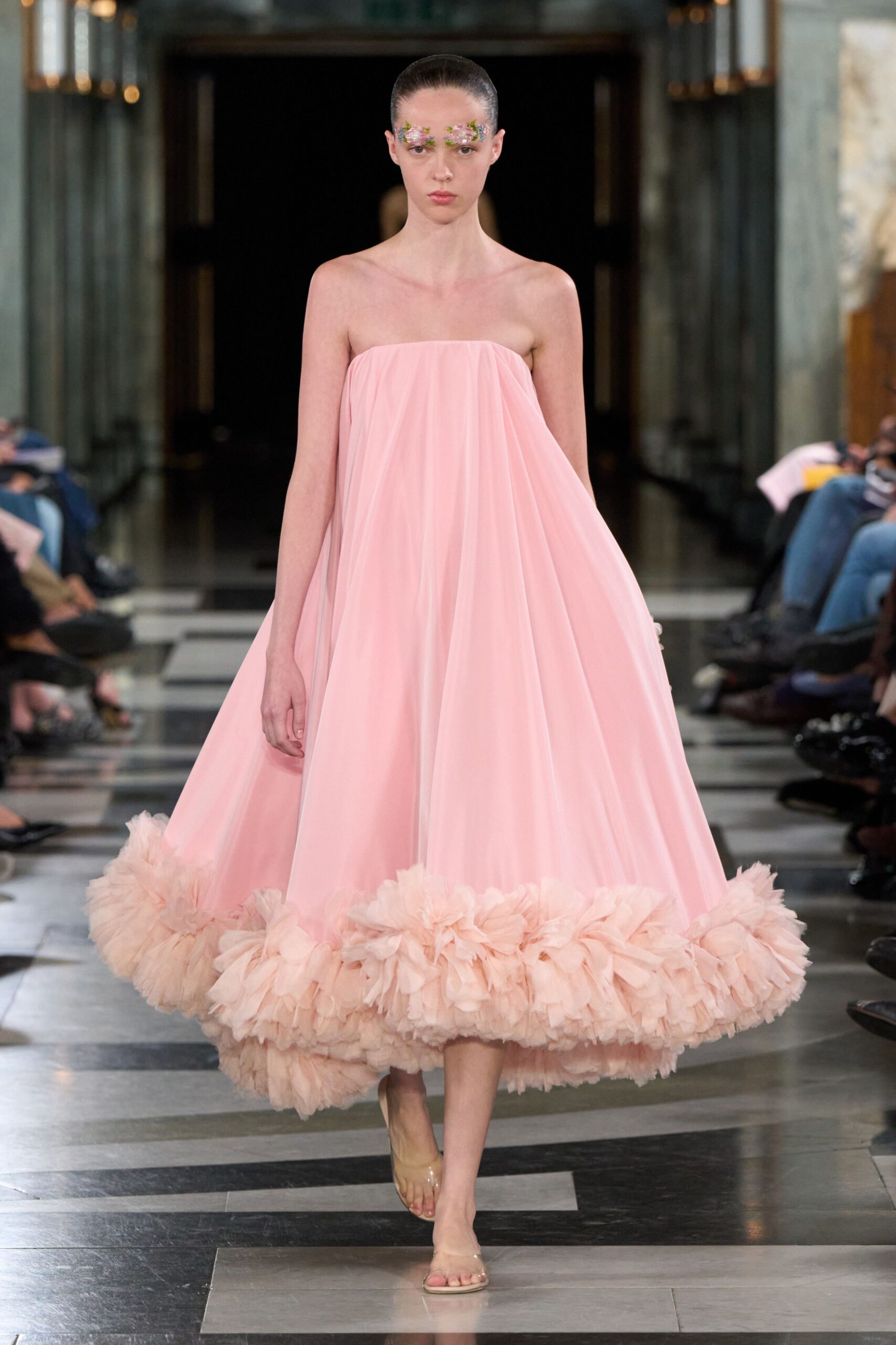 strapless pink tulle ball gown