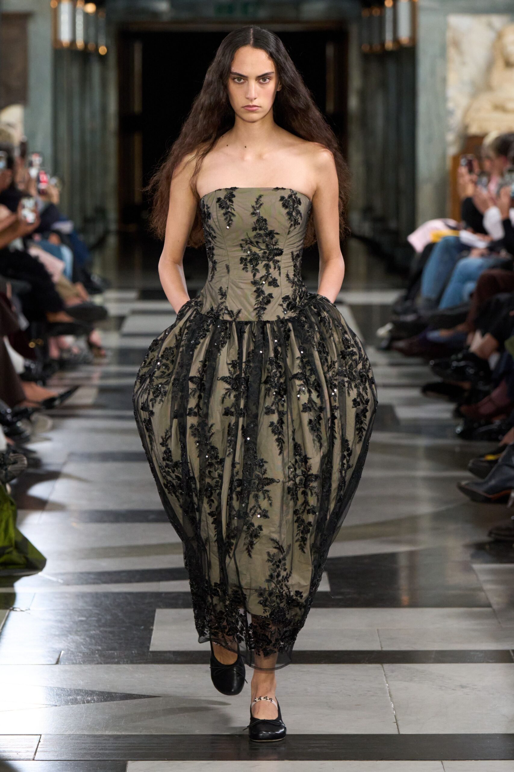 green sequin strapless structured floral embellished maxi-dress