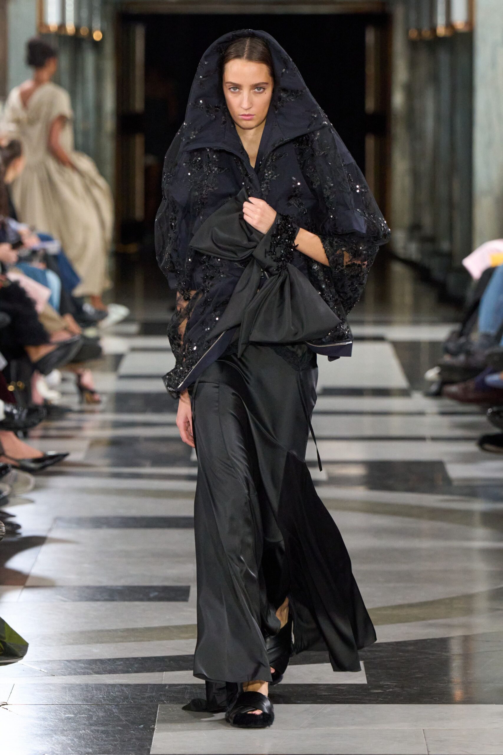 hooded embellished black cape