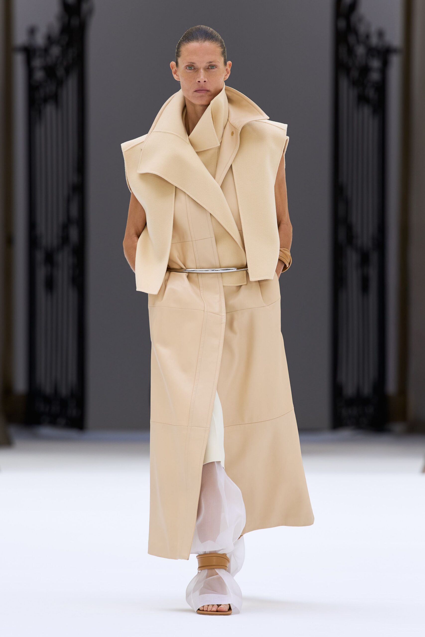 ivory leather high-neck sleeveless belted panelled maxi dress