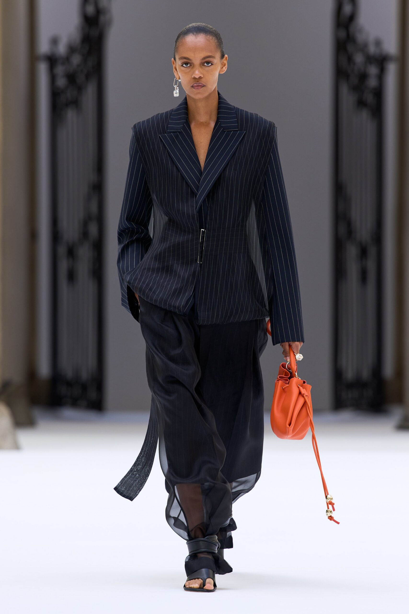 black pinstripe blazer and sheer skirt