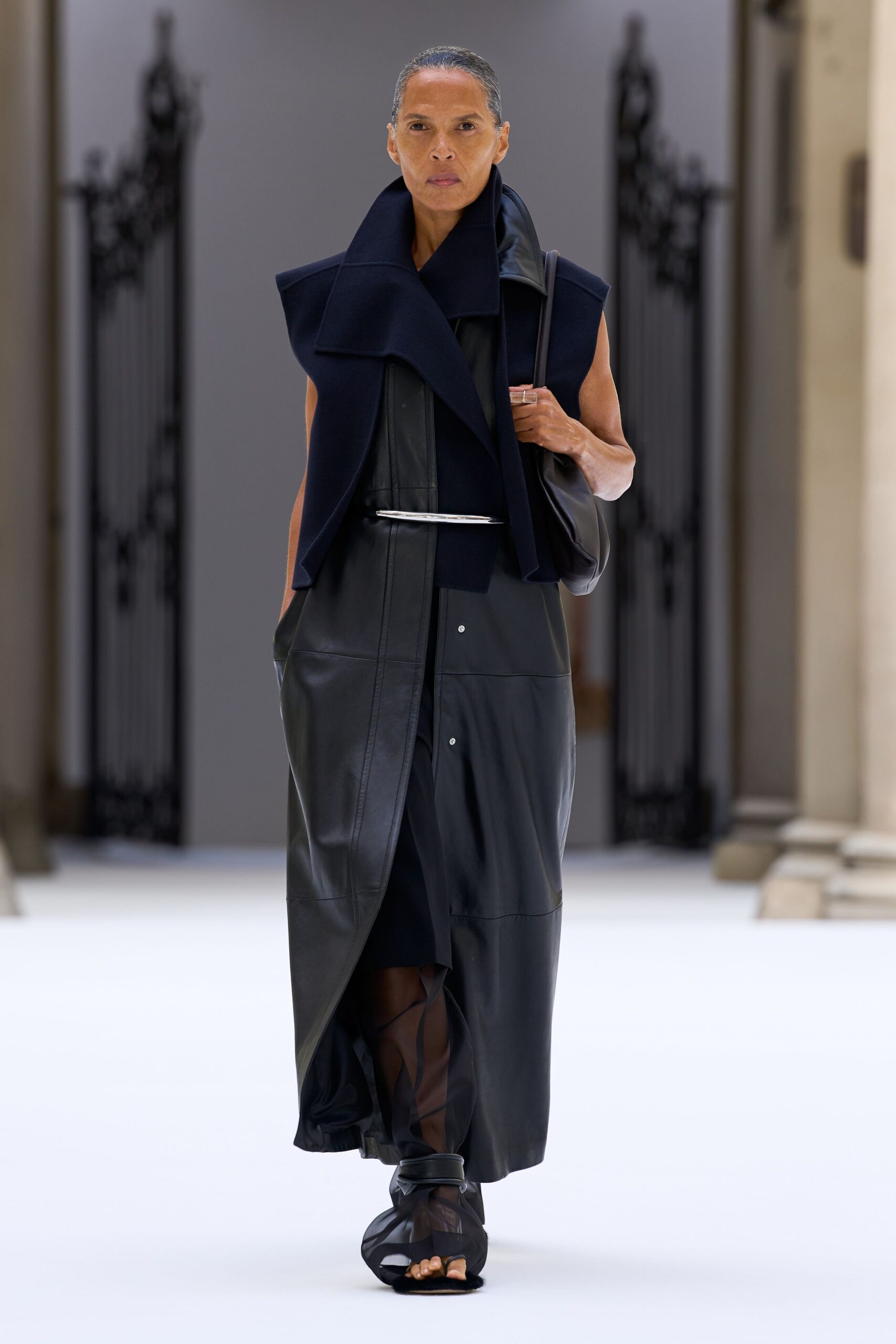 black leather apron-style maxi dress