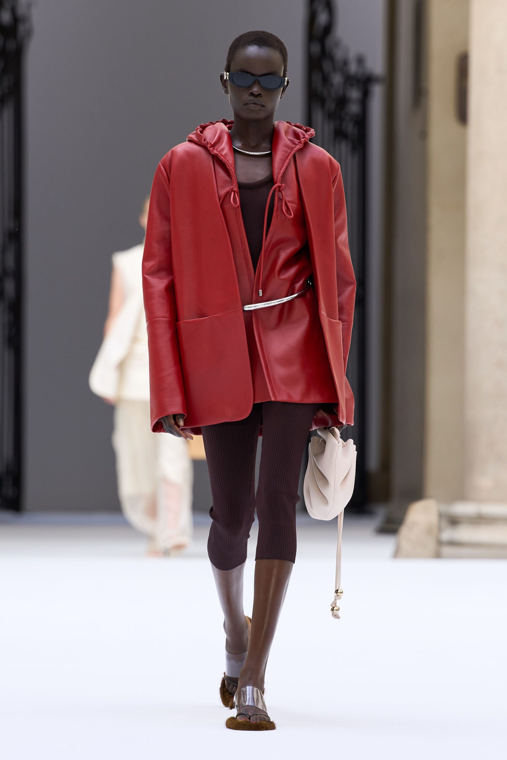 oversized hooded red leather jacket
