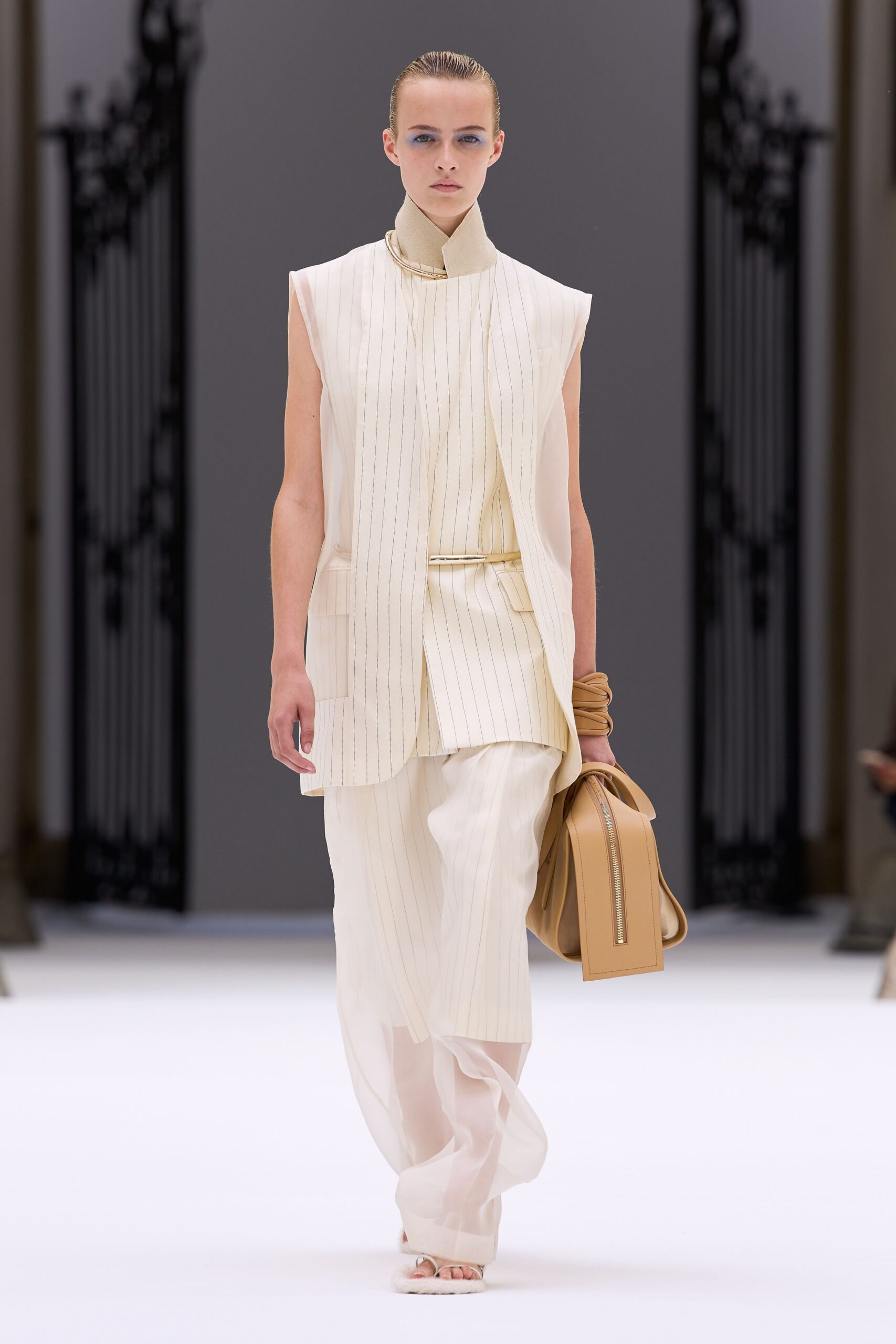 ivory pinstripe sleeveless long vest