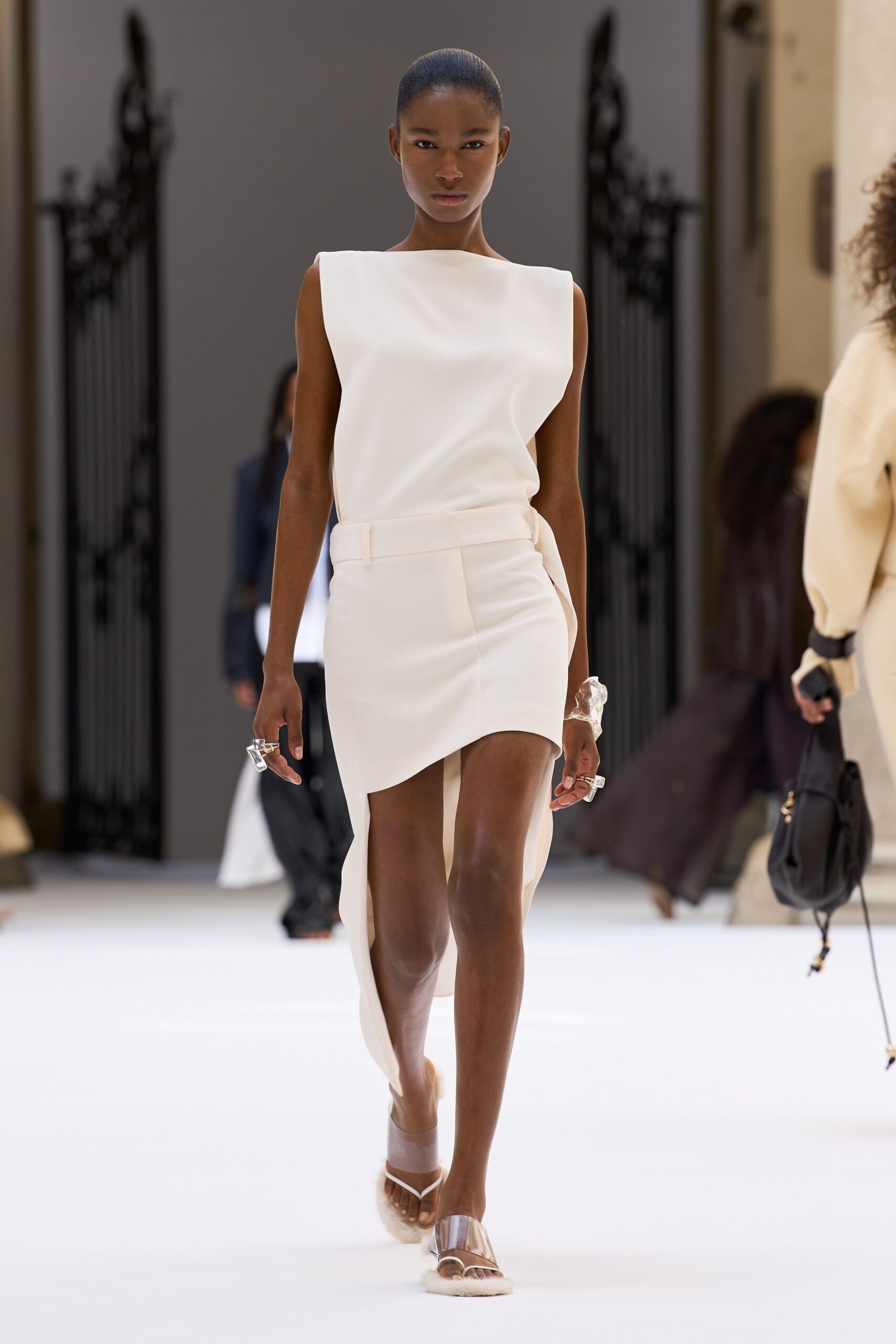 white crepe sleeveless boat-neck structured draped belted dress