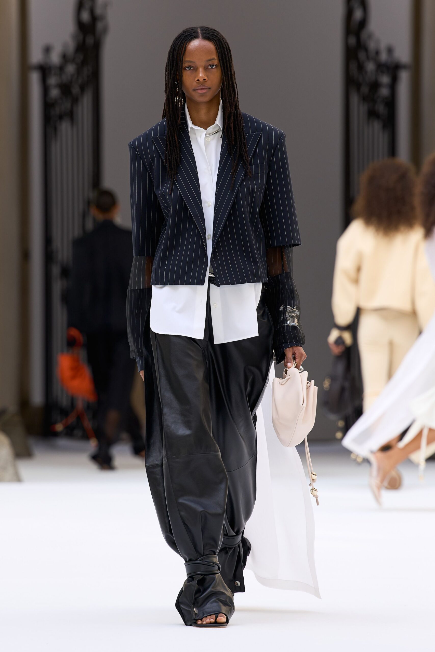 cropped pinstripe blazer with sheer sleeves
