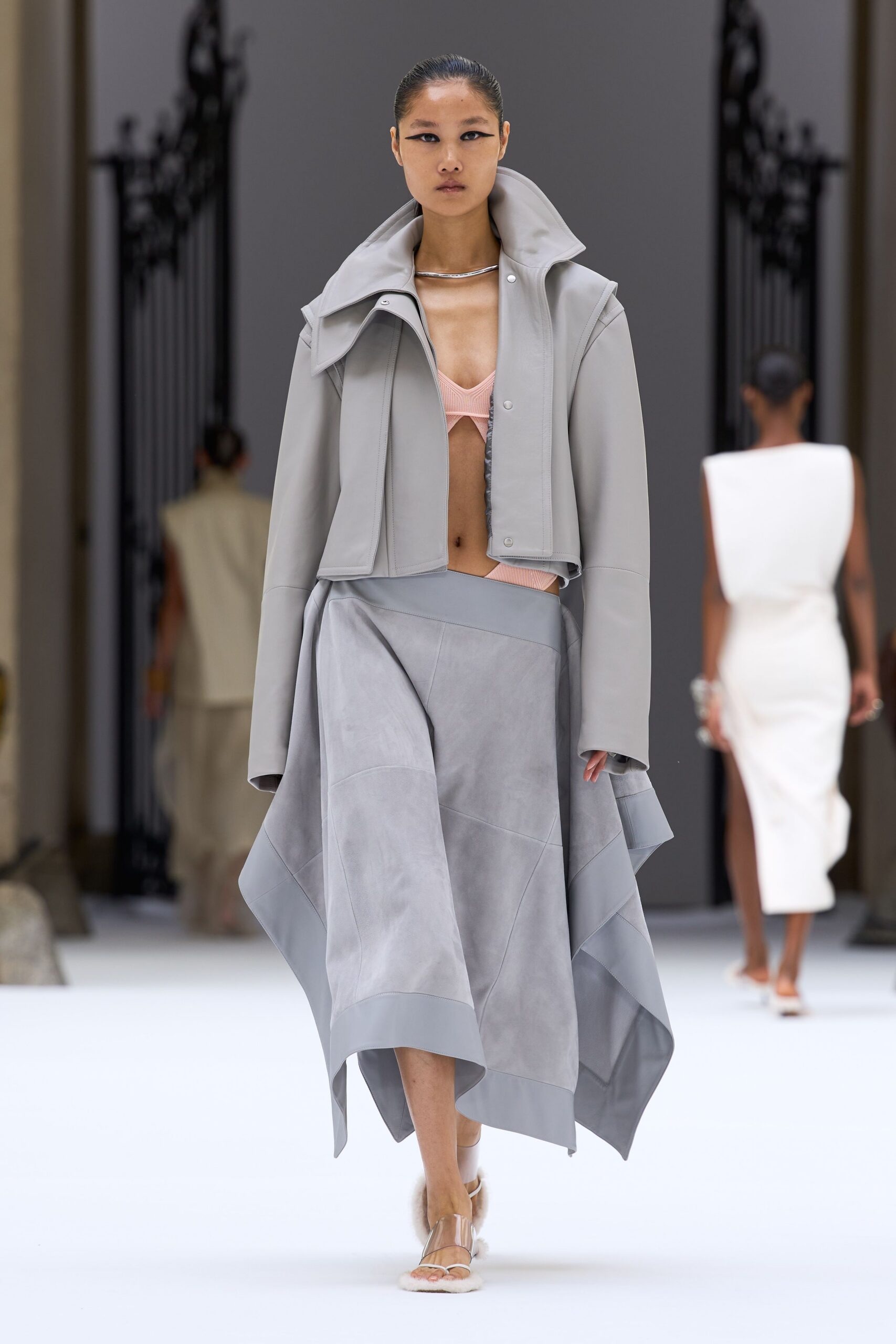 gray suede asymmetric draped panelled flowing midi skirt