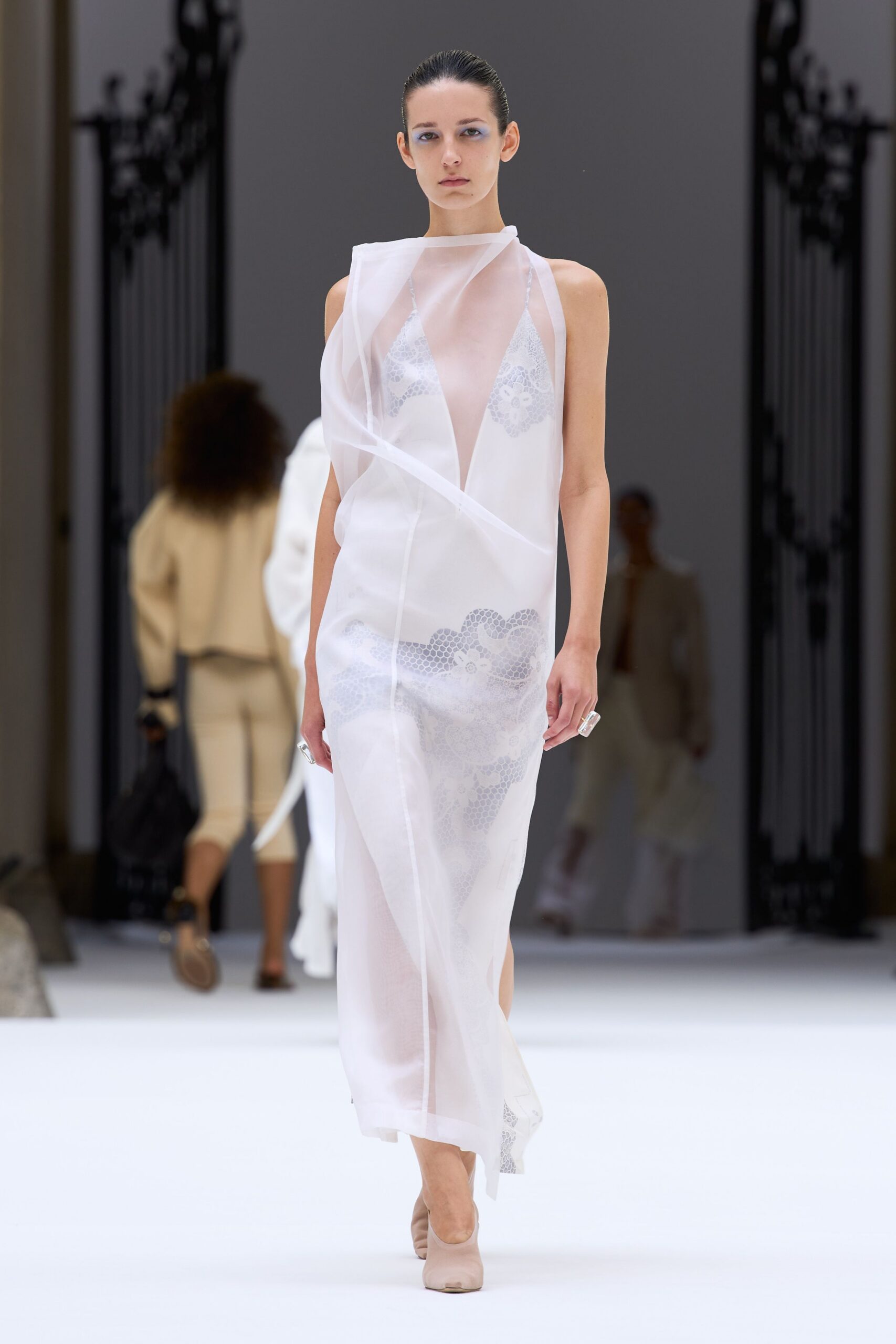 white organza sleeveless high-neck embroidered draped maxi-dress