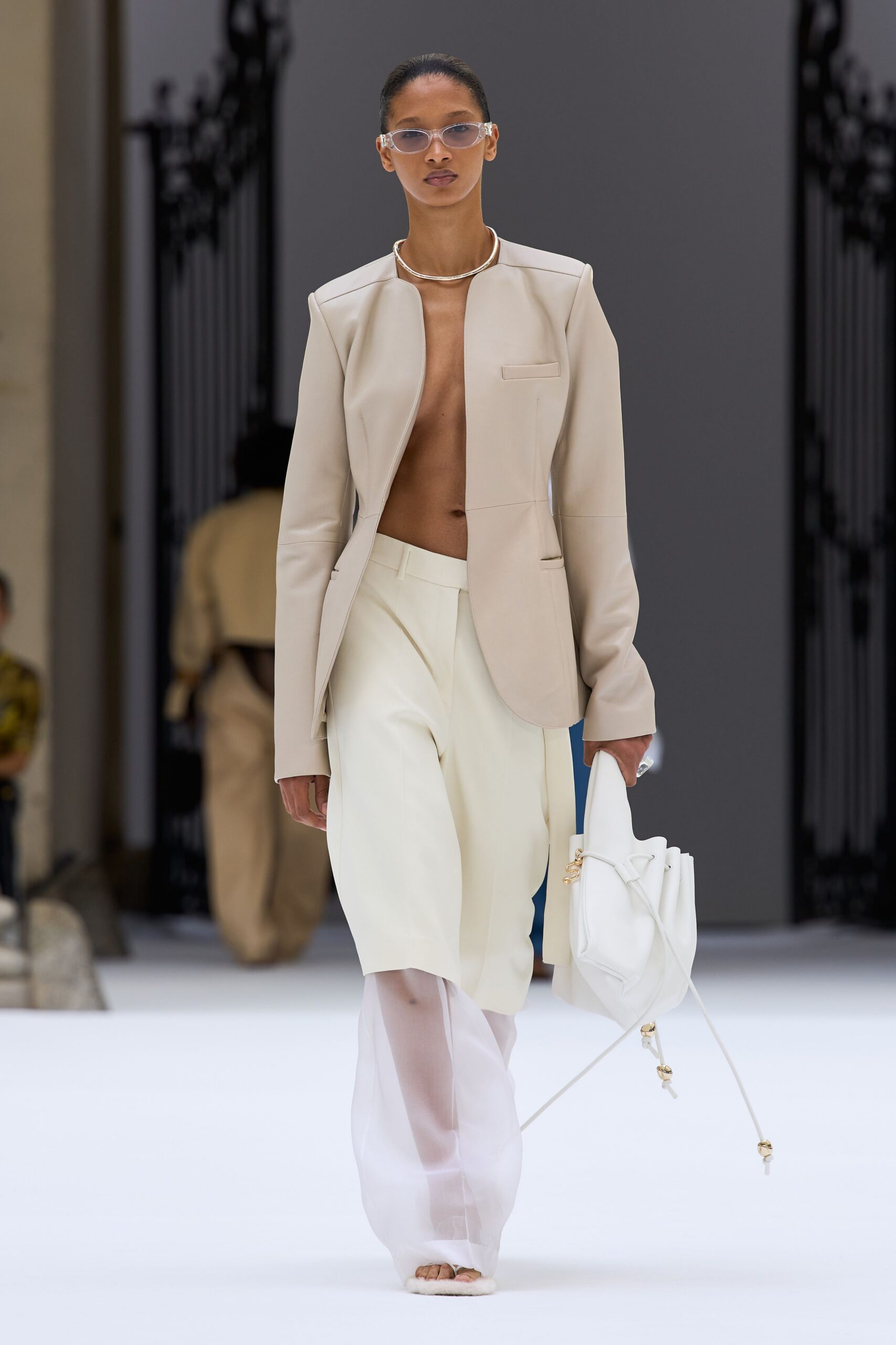 collarless ivory leather blazer