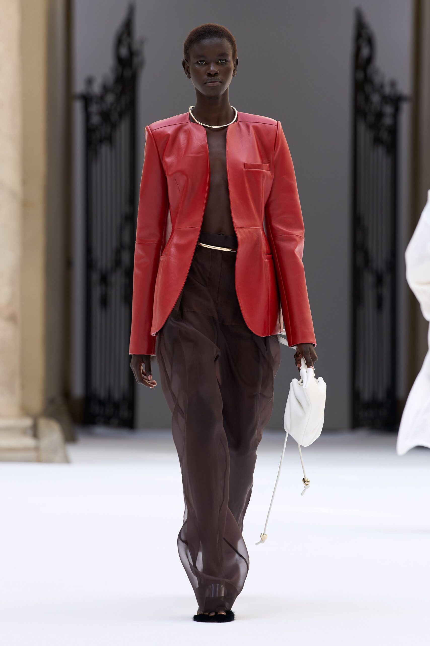 red leather collarless jacket