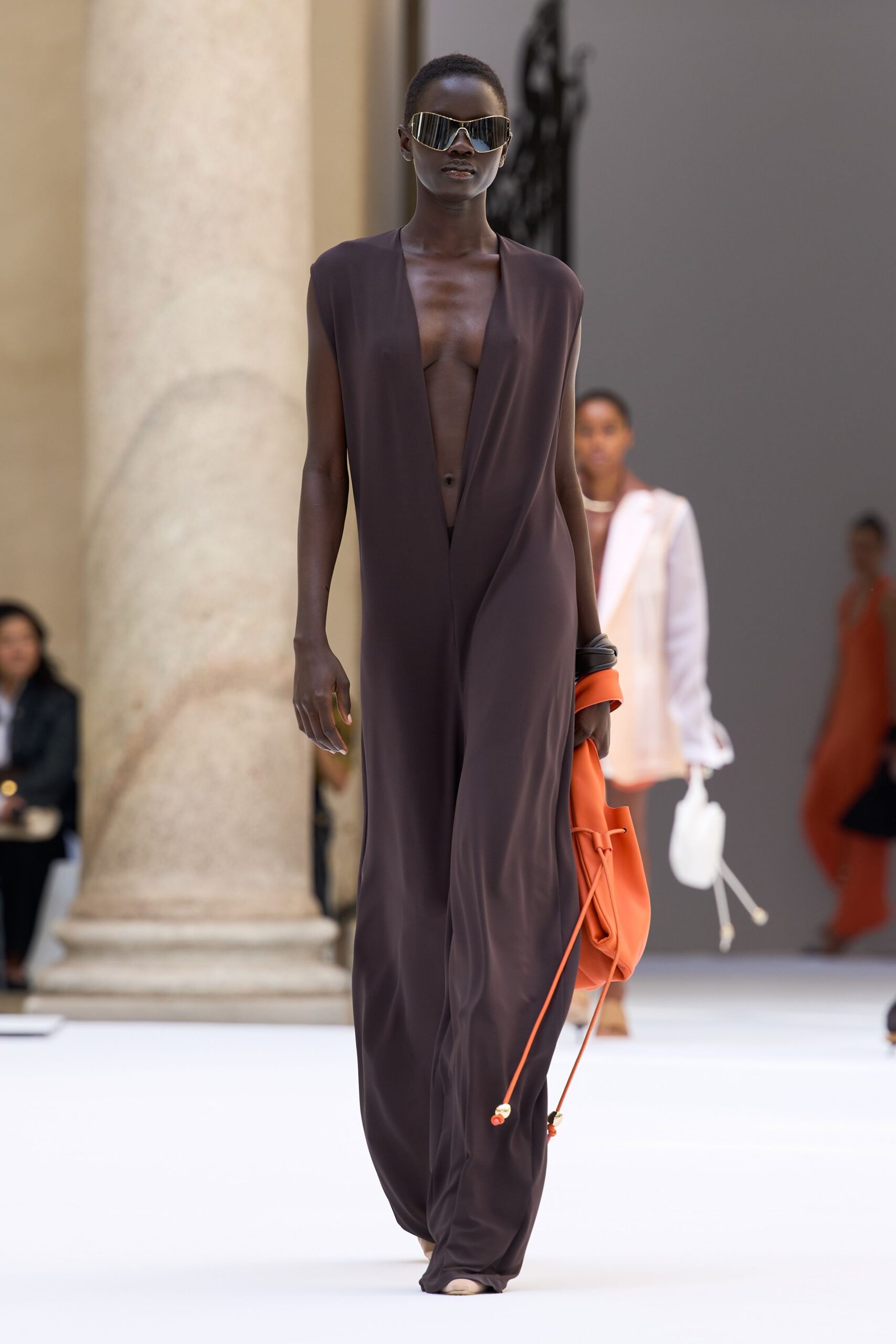 plunging draped brown jumpsuit
