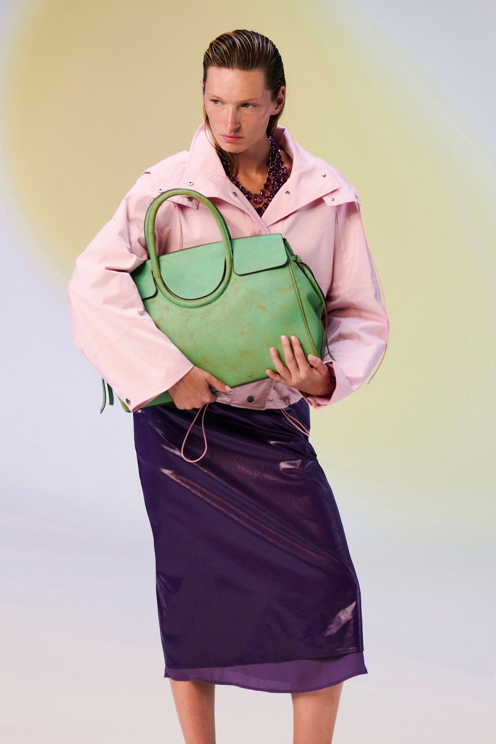 purple vinyl fitted straight-leg shiny midi skirt
