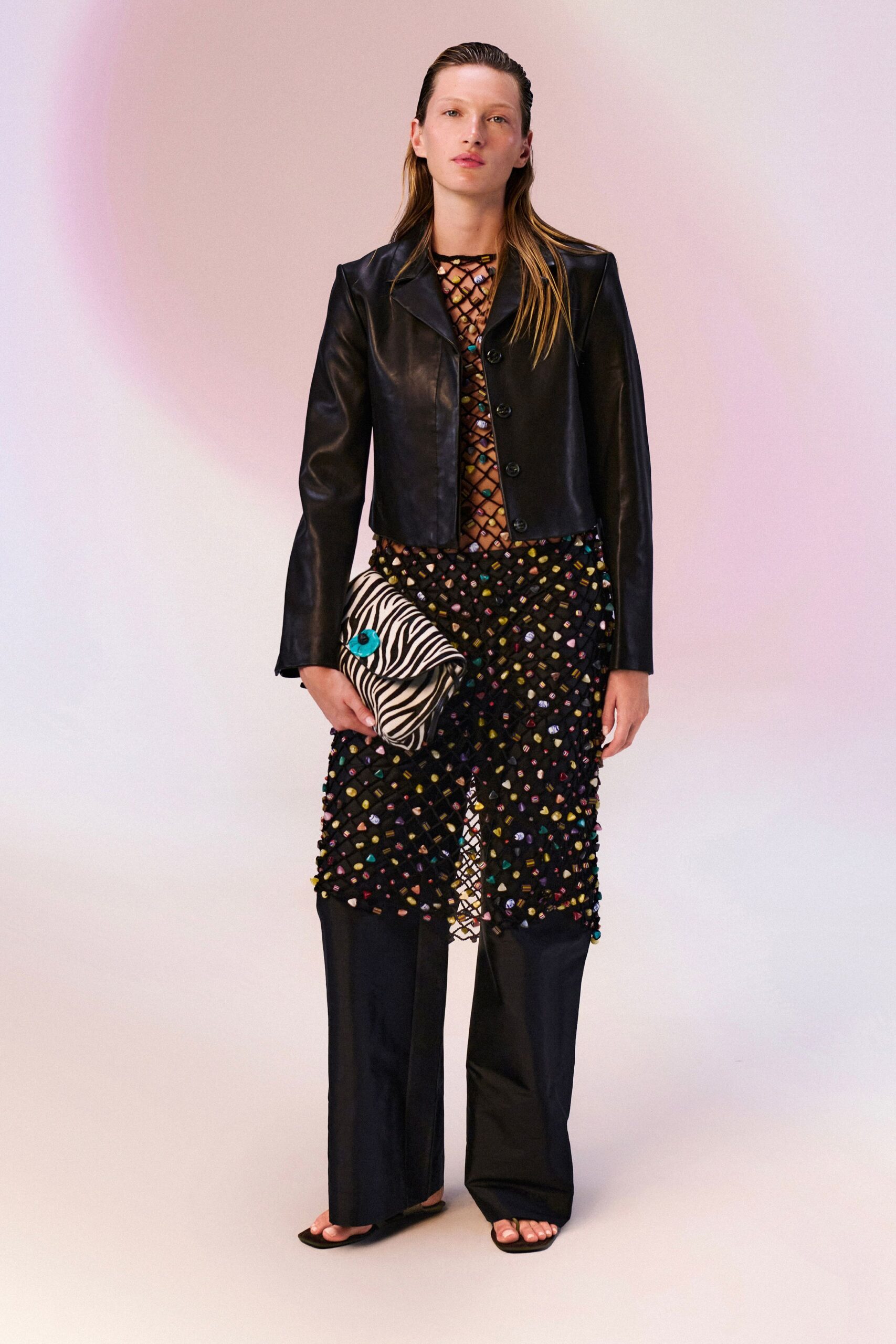 black leather long-sleeve collared tailored buttoned shiny jacket
