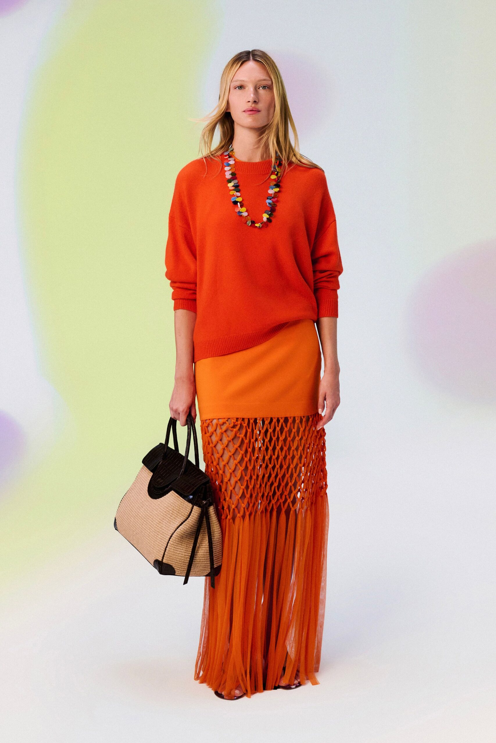 orange net-panel maxi skirt