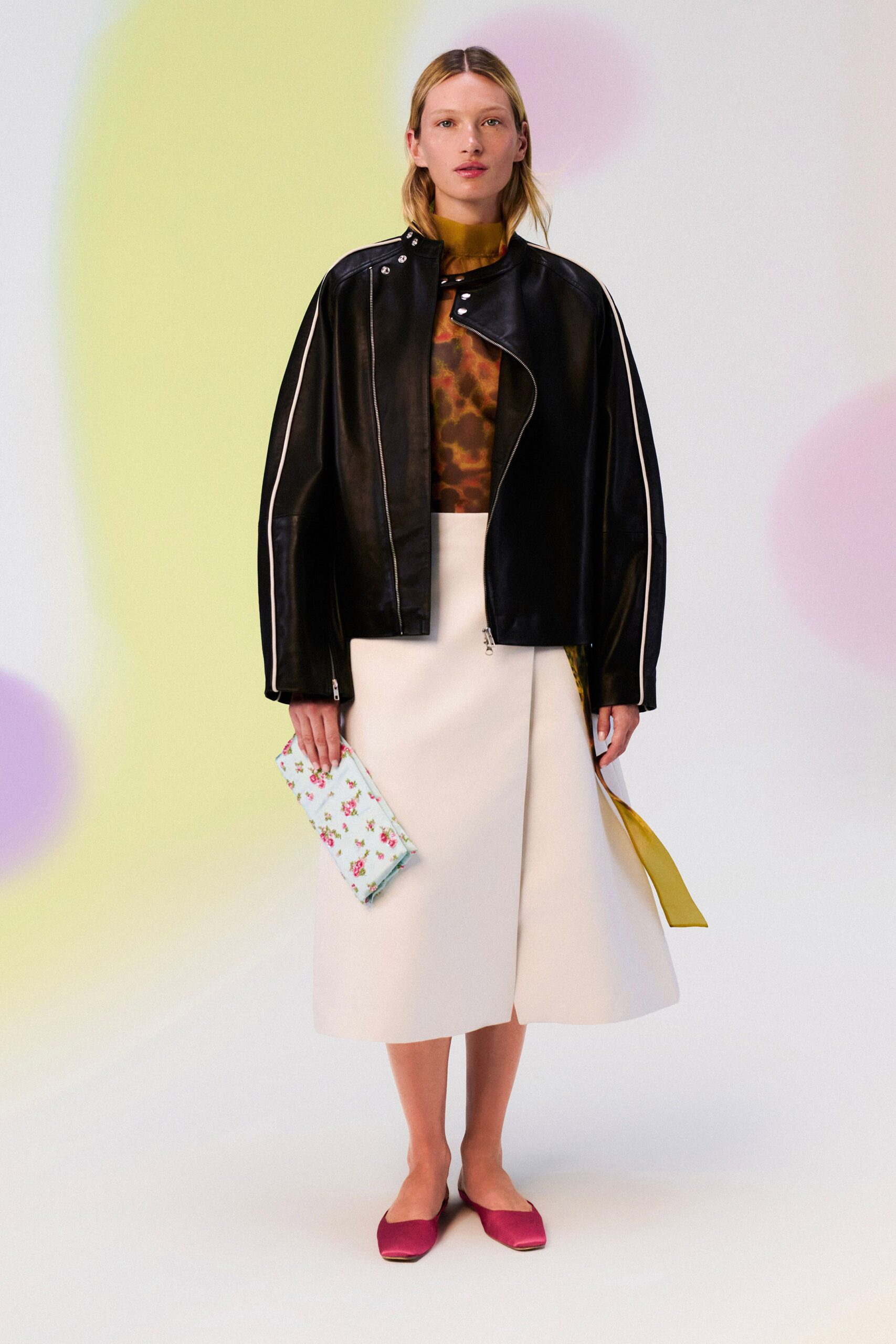 black leather long-sleeve high-neck oversized zippered panelled jacket
