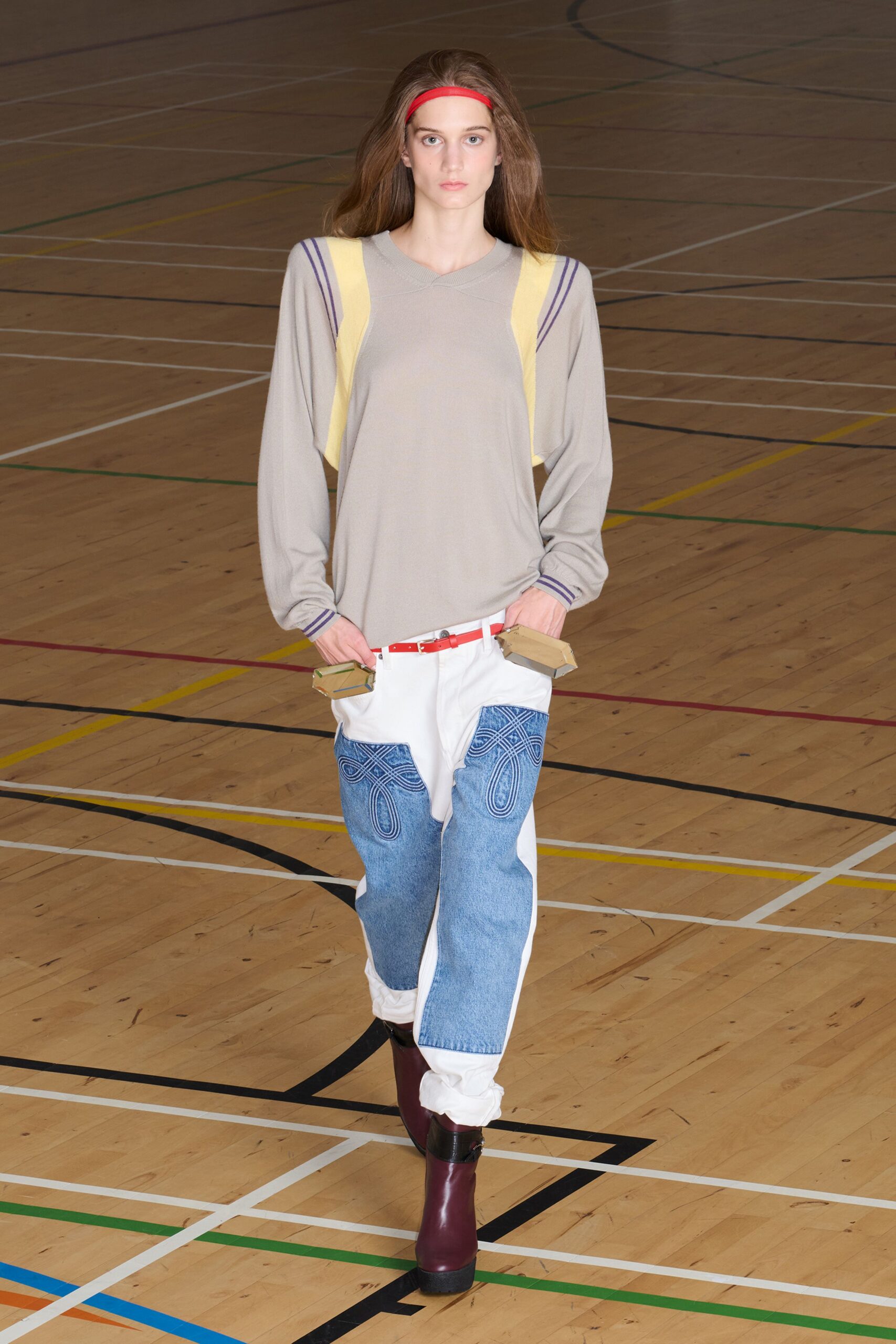 gray knit long-sleeve v-neck relaxed color-blocked ribbed sweater