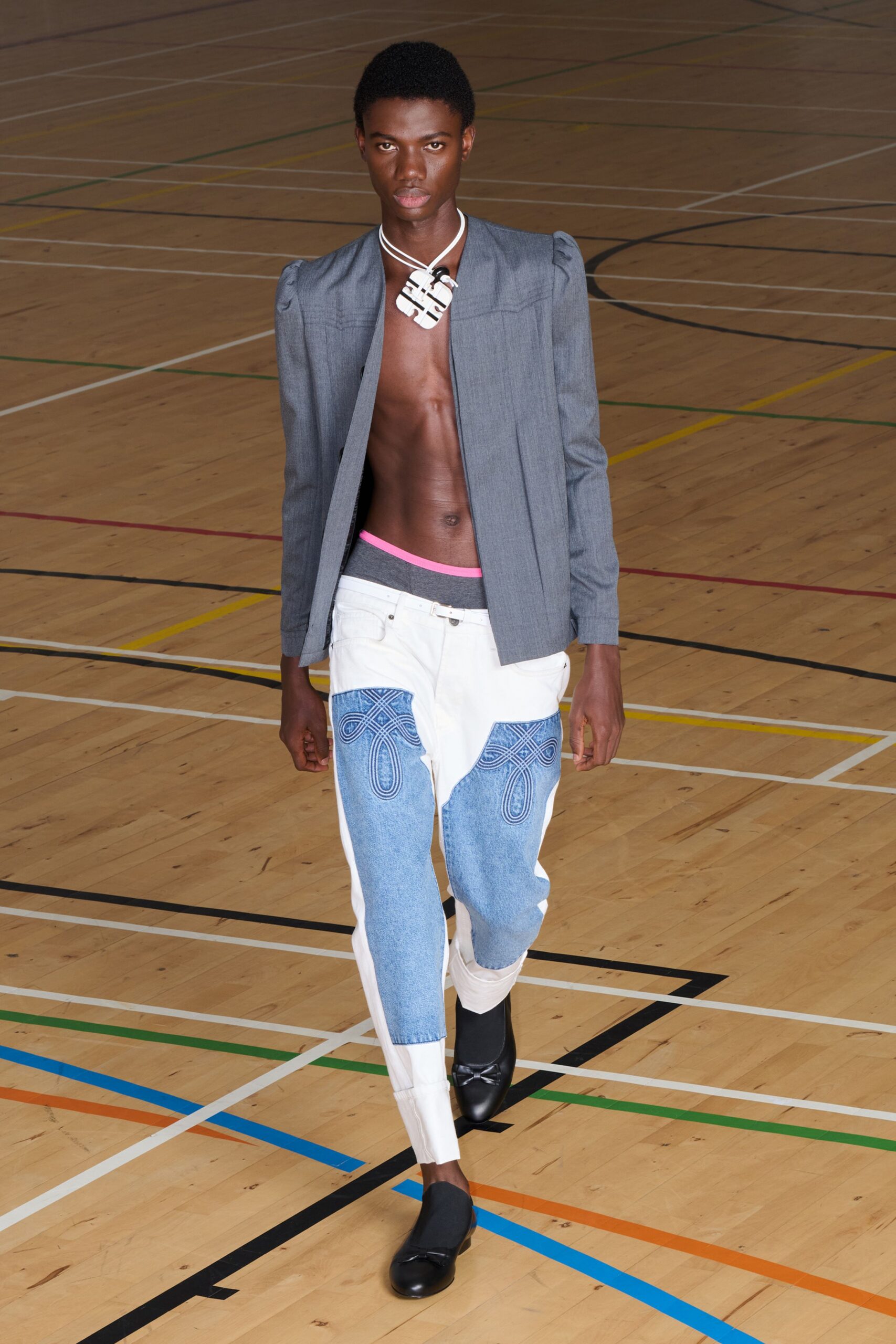 gray open-front tailored jacket