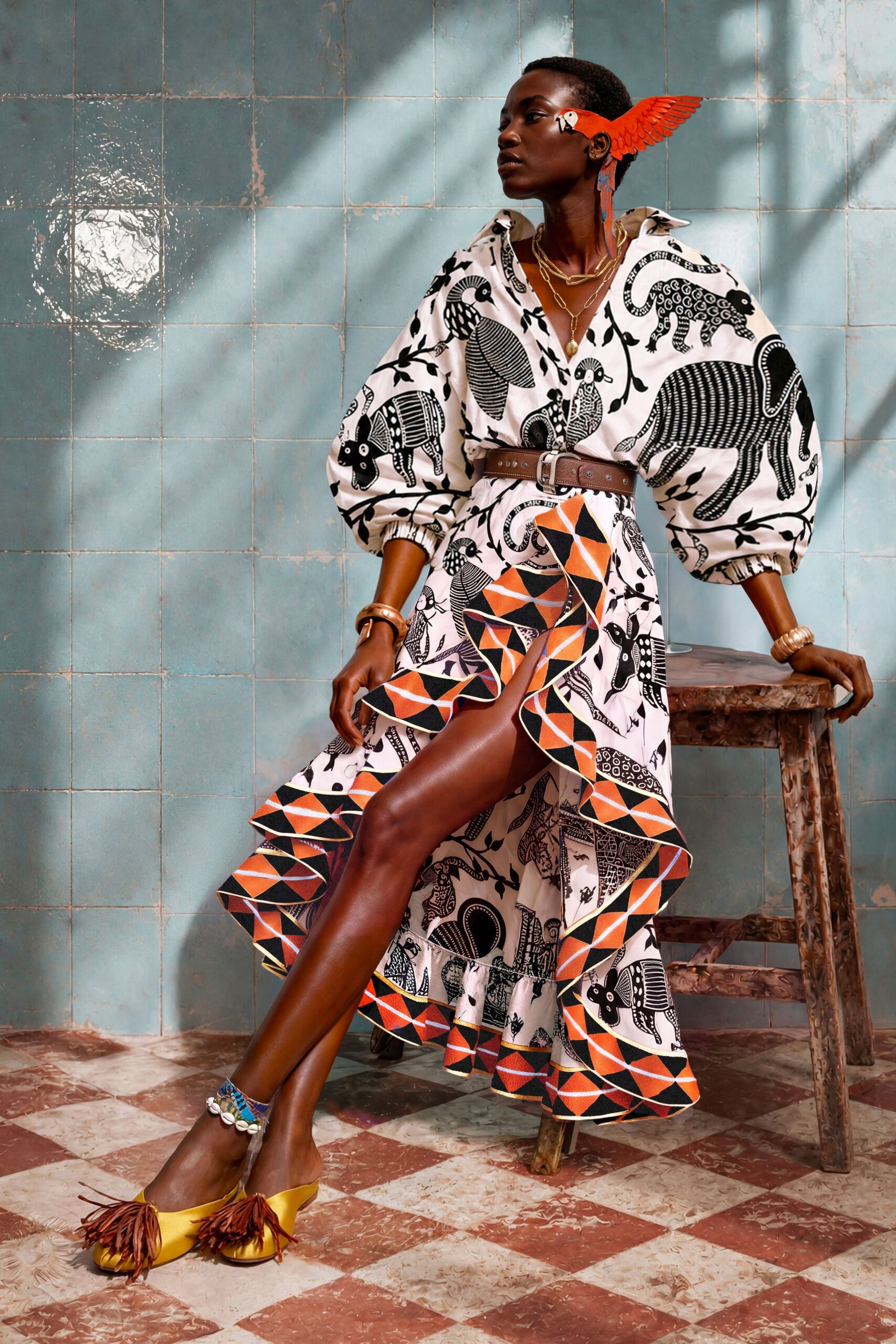 animal-print ruffled belted maxi dress