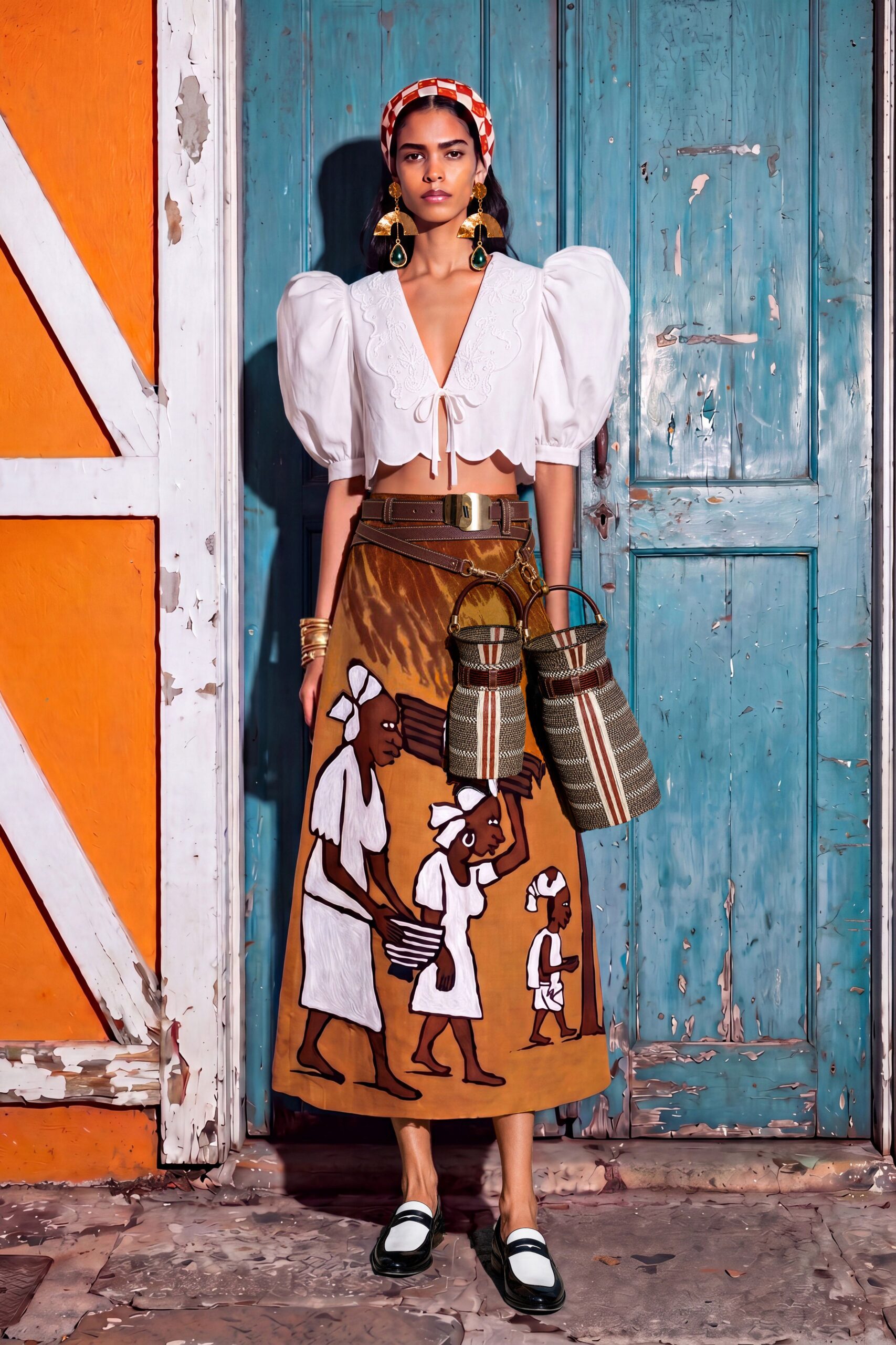brown cotton printed a-line midi skirt