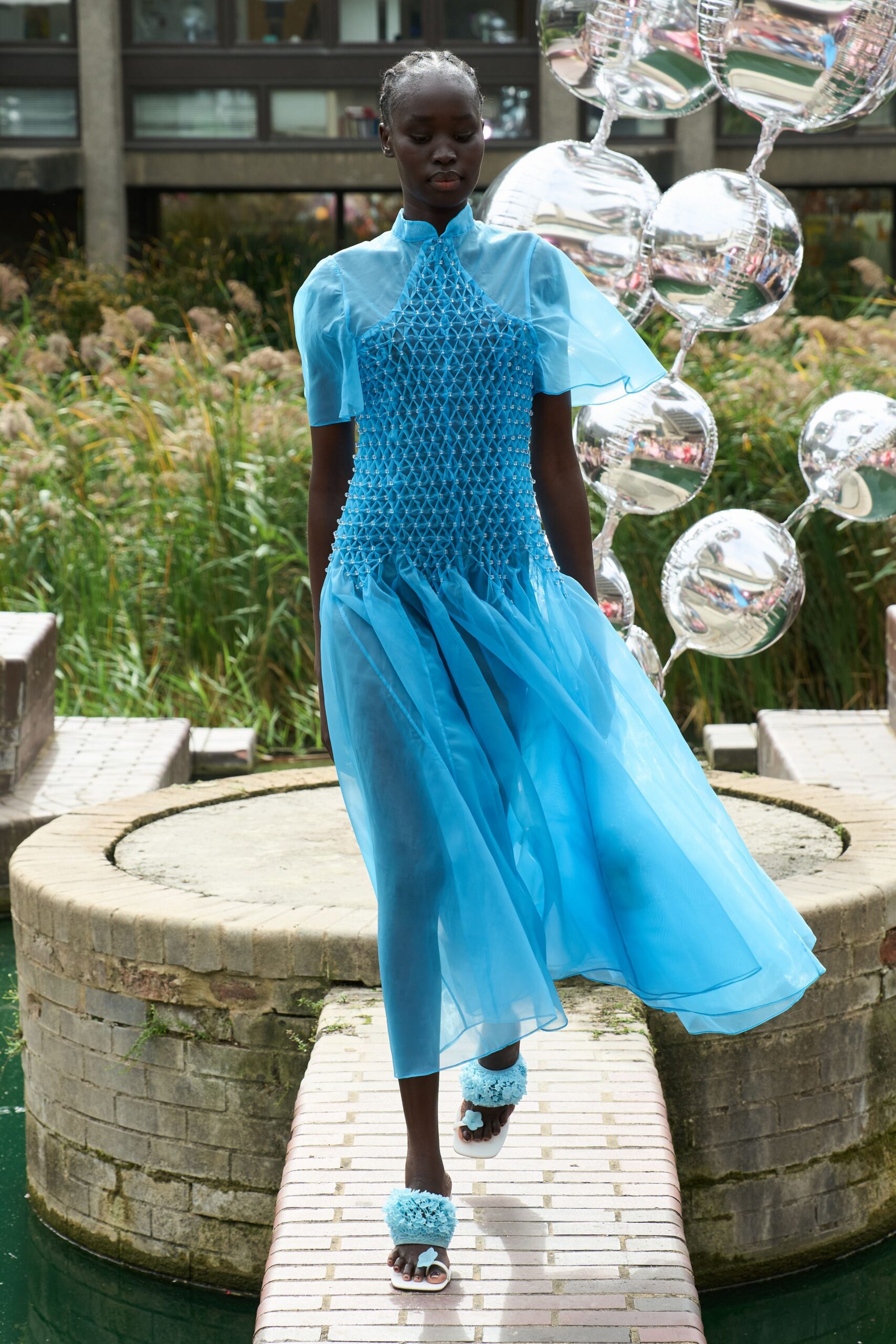 blue organza high-neck short-sleeve embellished draped gown