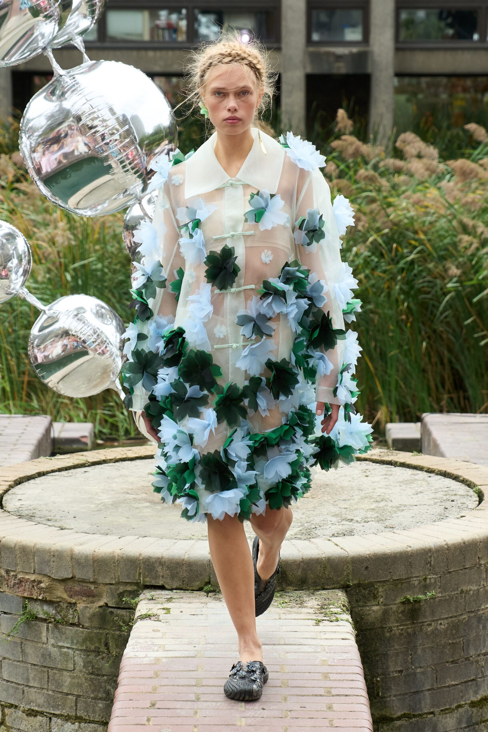 white organza long-sleeve collared floral embellished coat