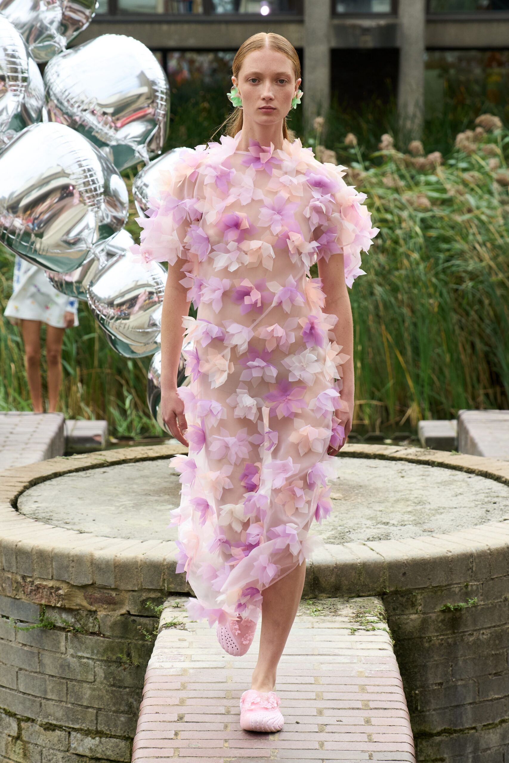 pink organza short-sleeve high-neck floral embroidered maxi-dress