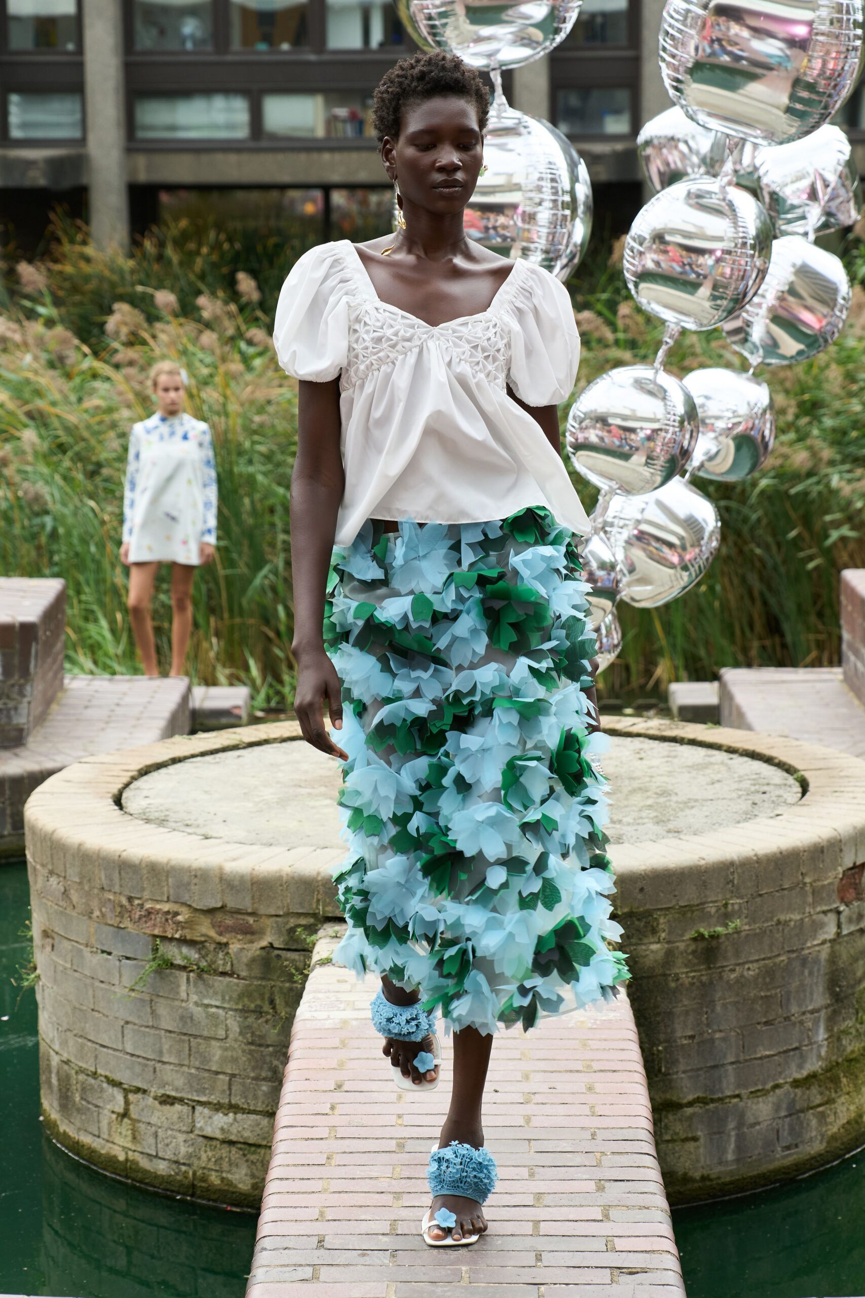 blue organza embroidered layered textured midi skirt