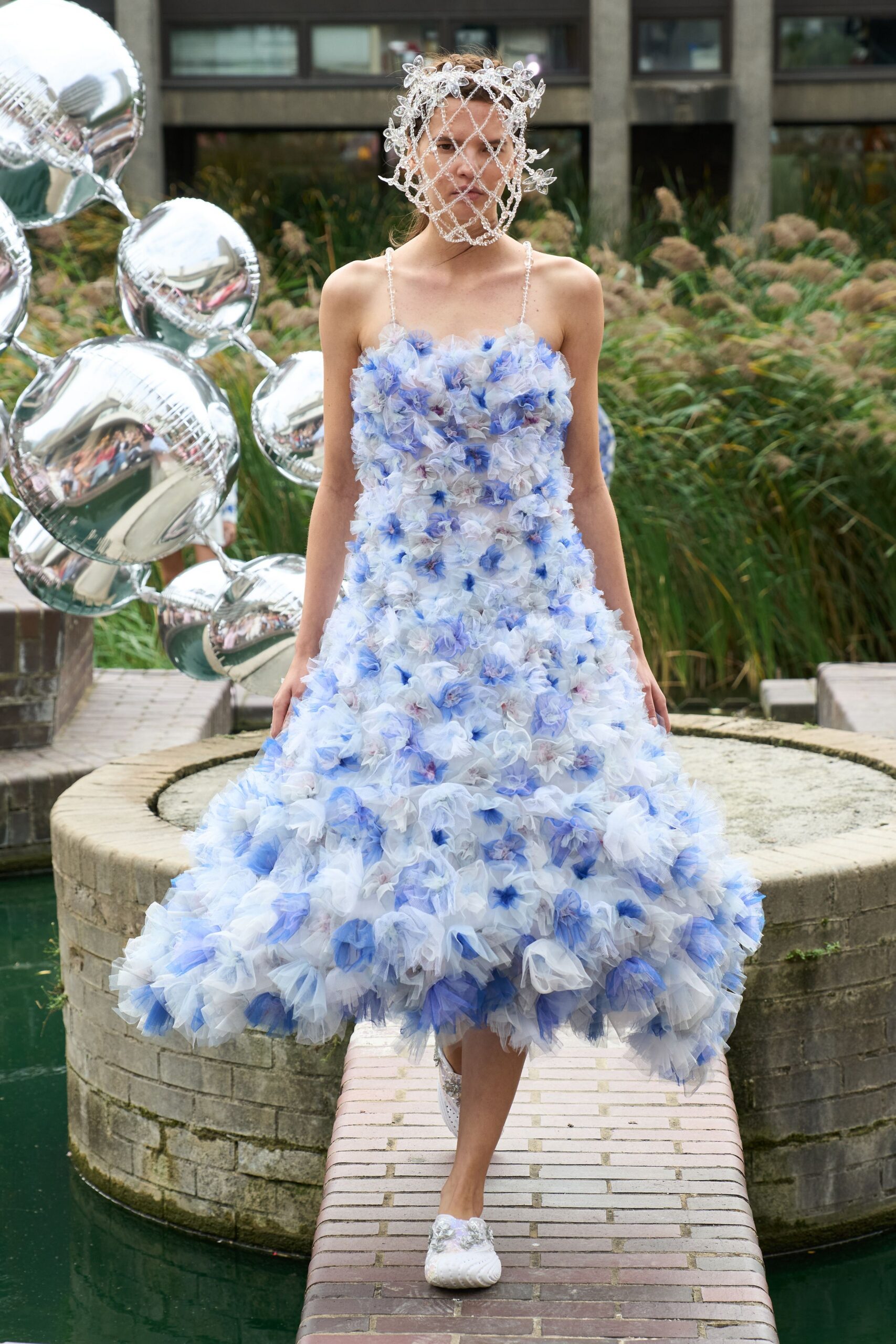blue tulle spaghetti-strap sleeveless floral ruffled textured dress