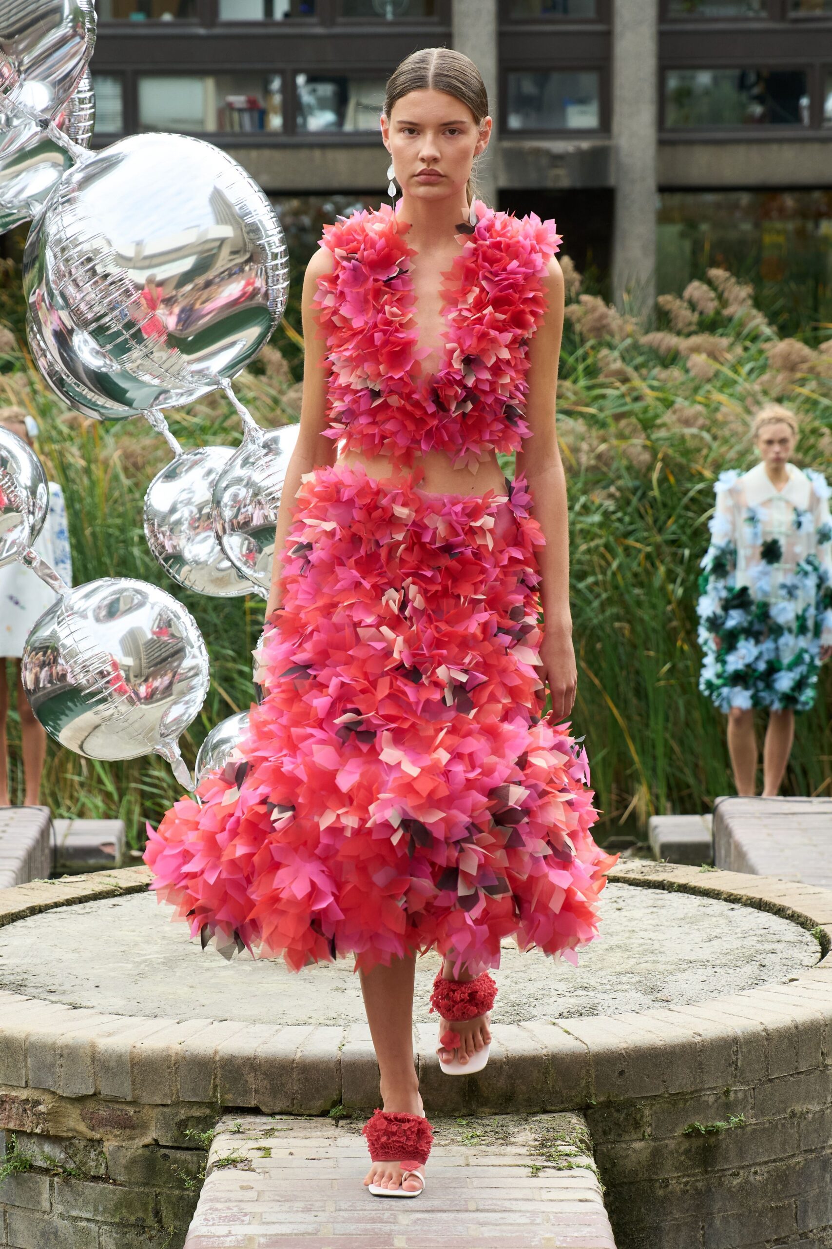 pink organza ruffled embellished textured flowing midi skirt