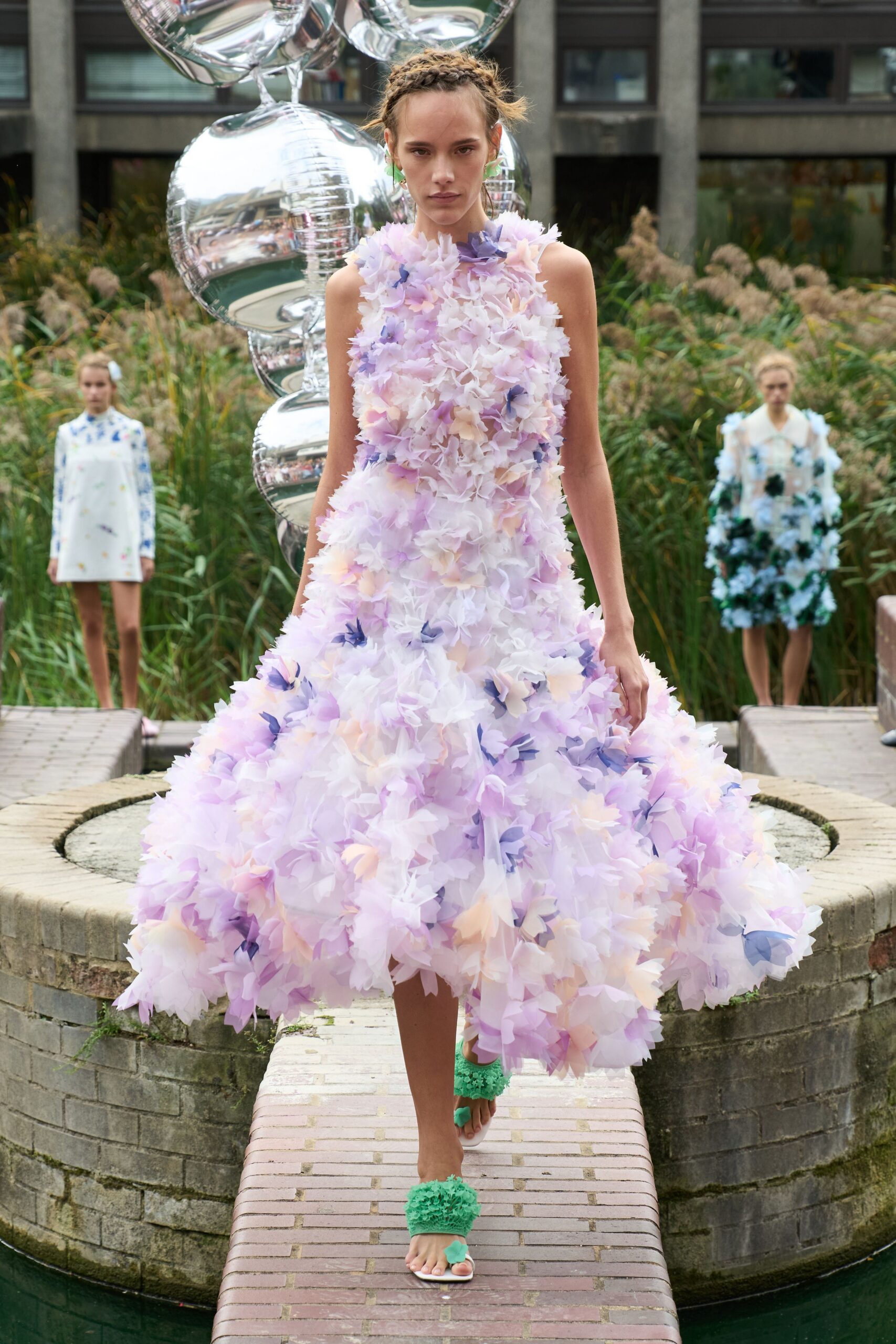 white organza sleeveless high-neck floral embroidered gown