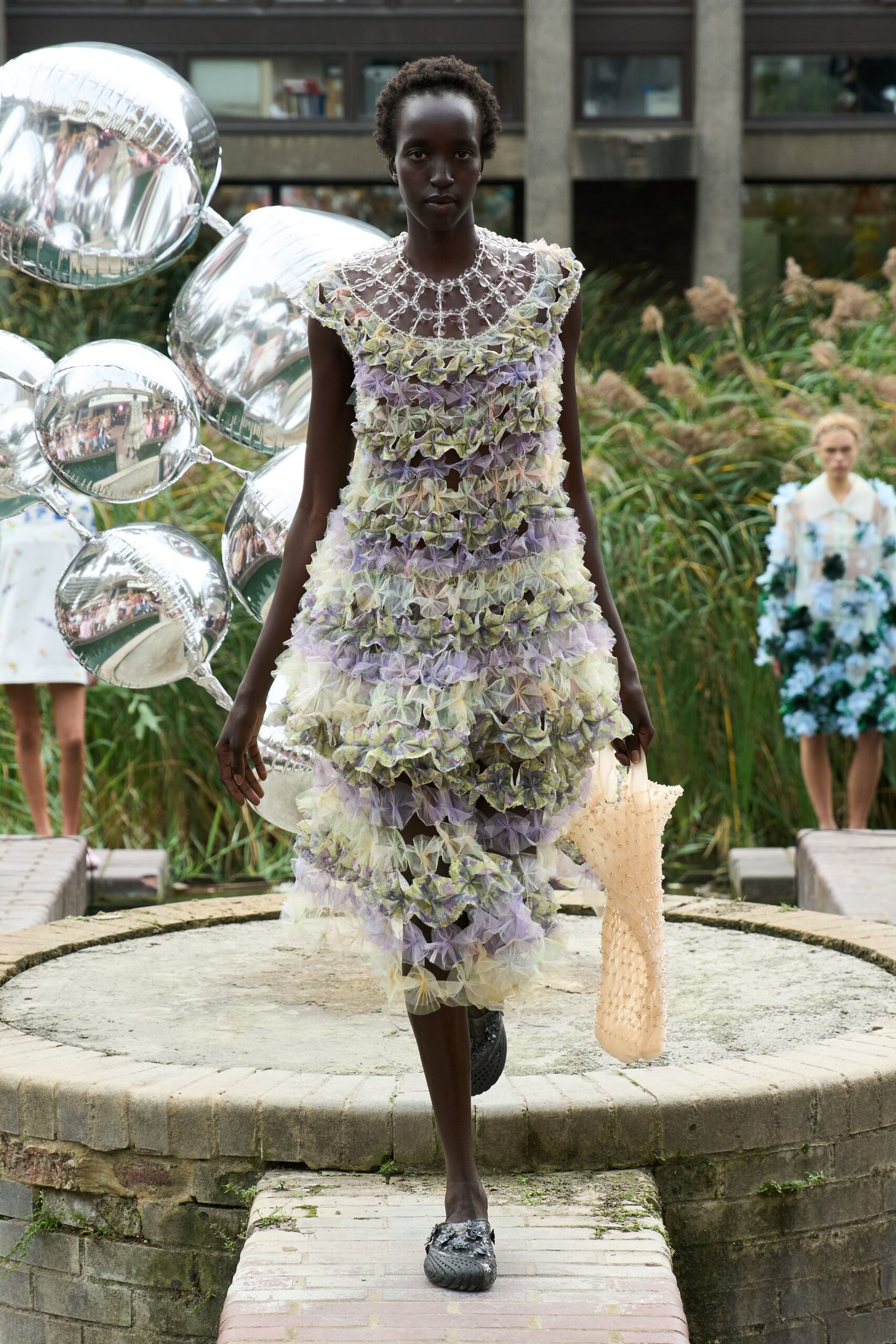 ivory tulle sleeveless high-neck floral ruffled dress