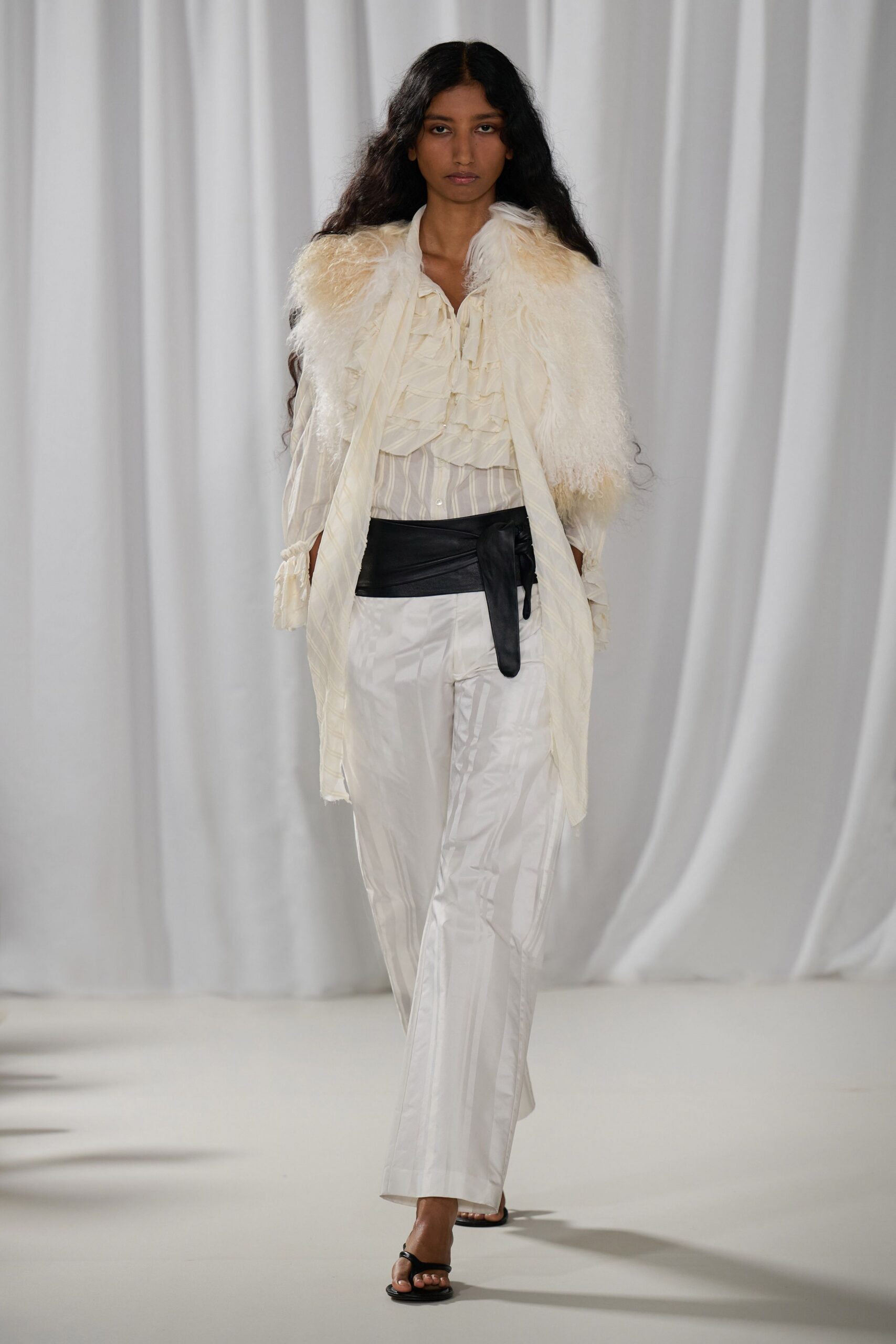 white unknown striped belted shiny pants