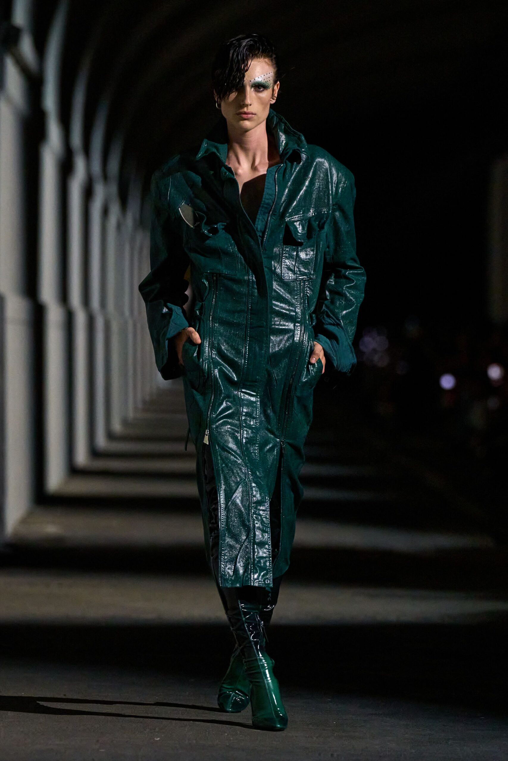 teal vinyl utility coat