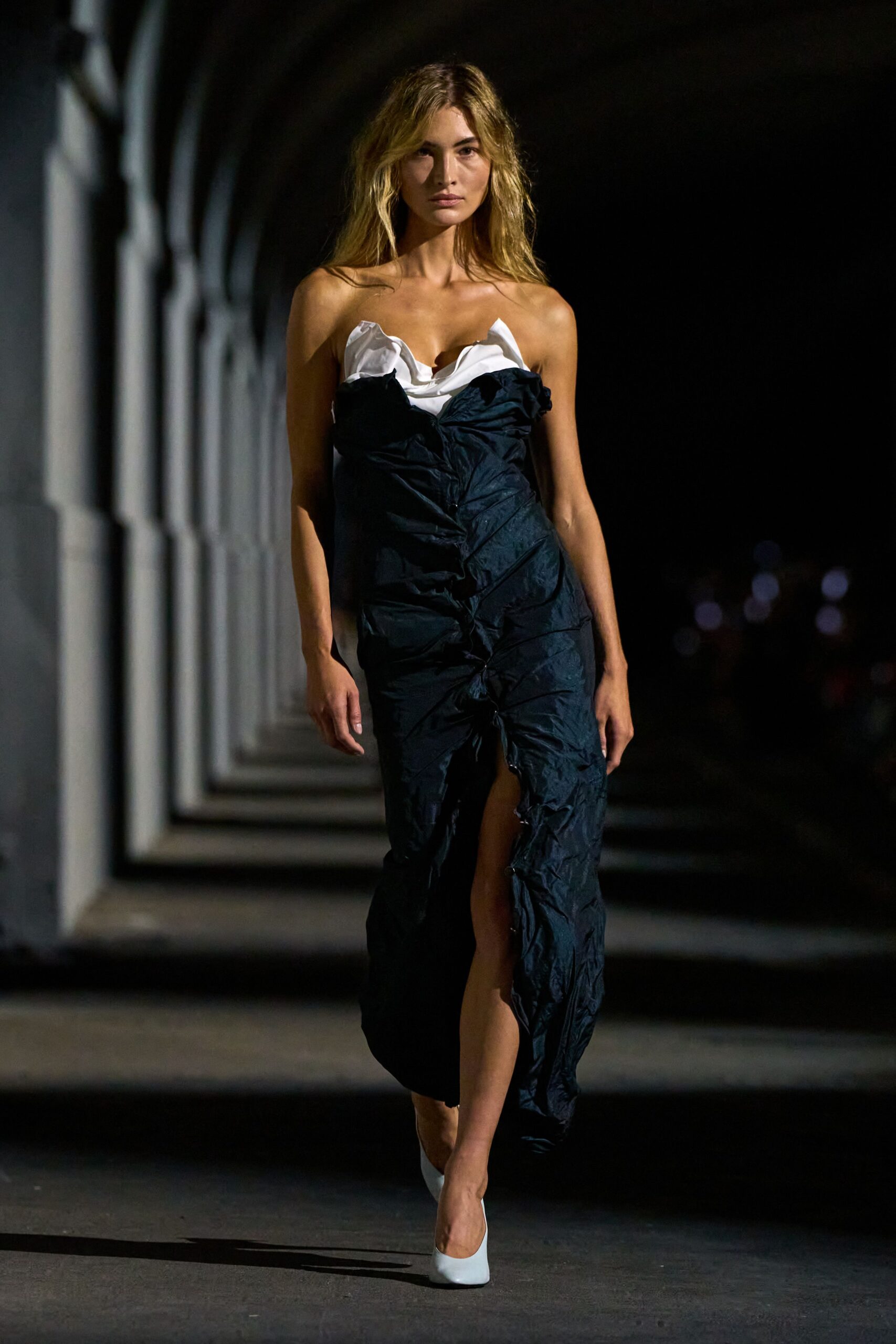 strapless ruched slit midi dress