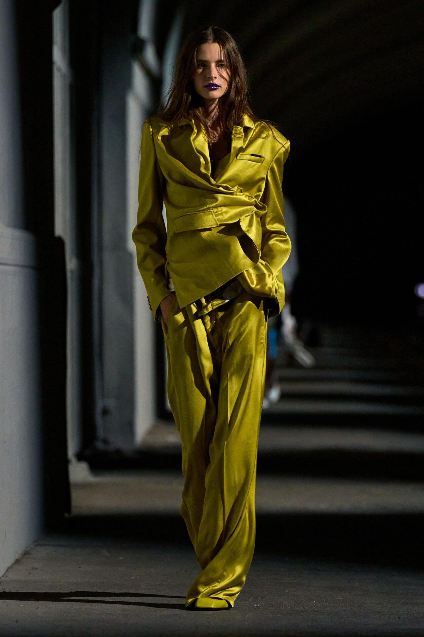 yellow satin long-sleeve collared structured draped shiny jacket