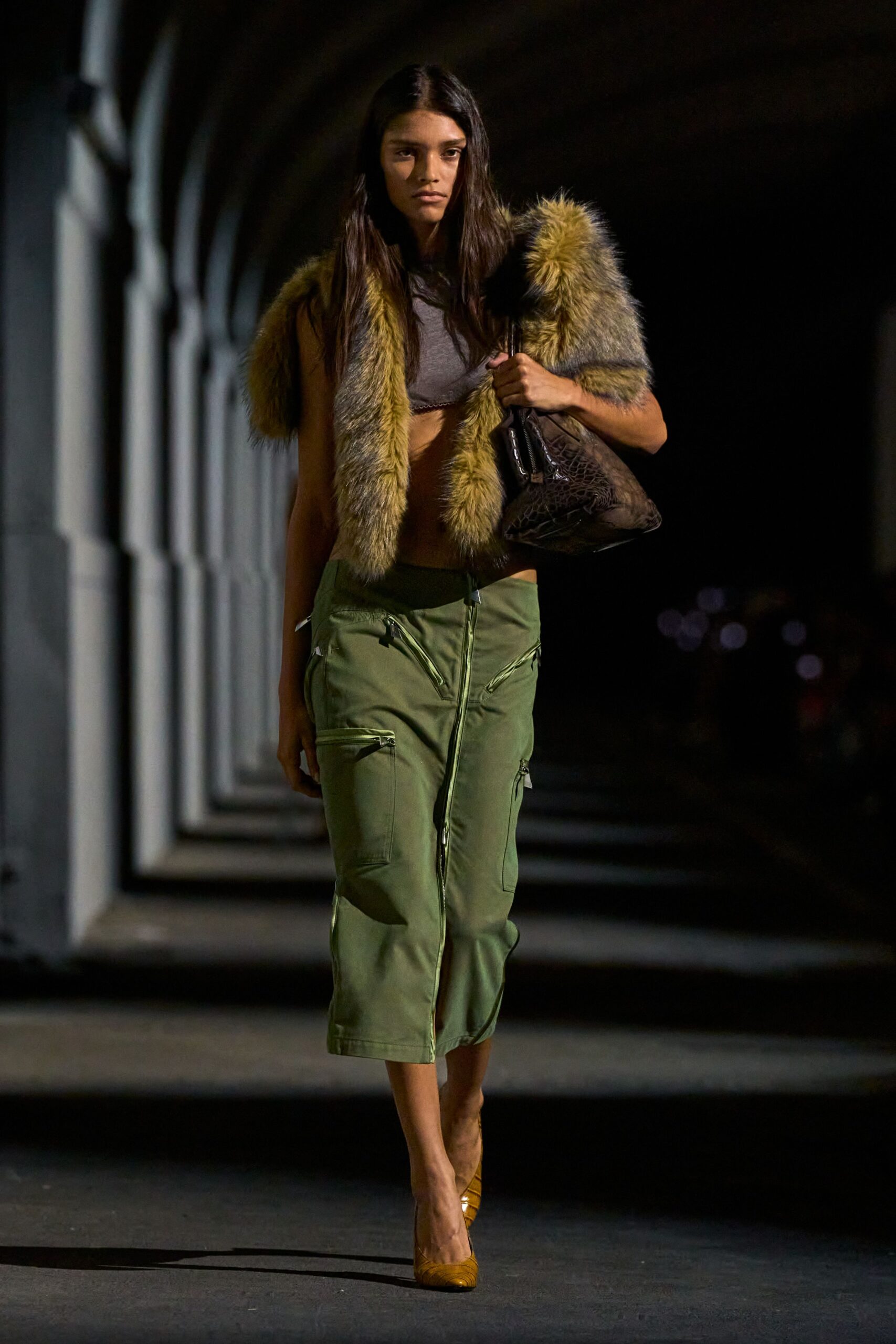 green utility zip-front midi skirt