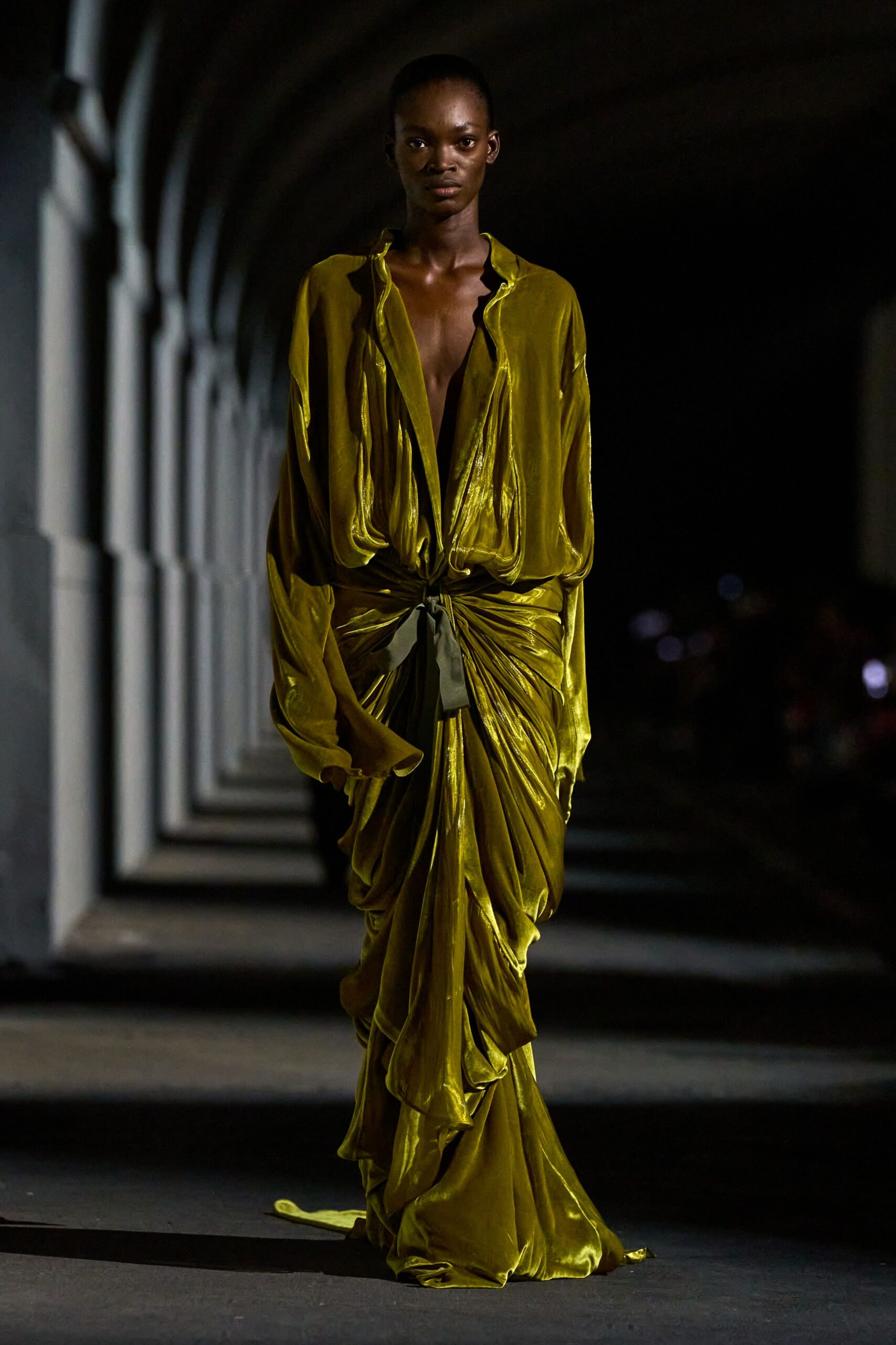 draped satin evening gown