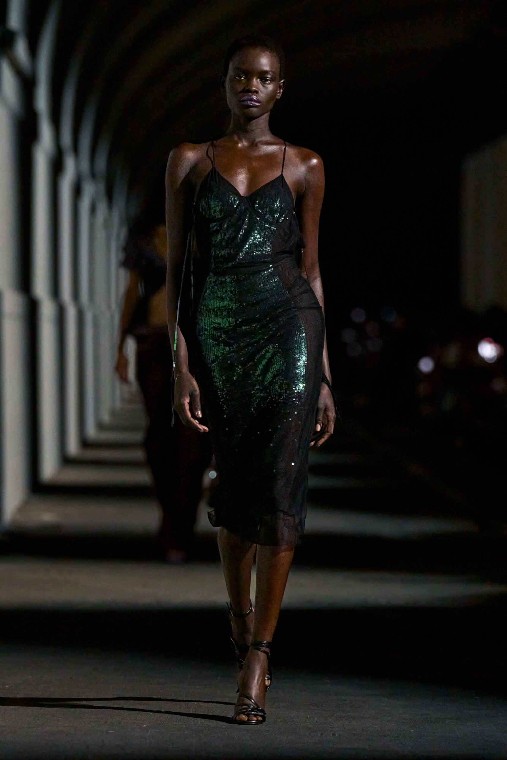black sequined slip midi dress
