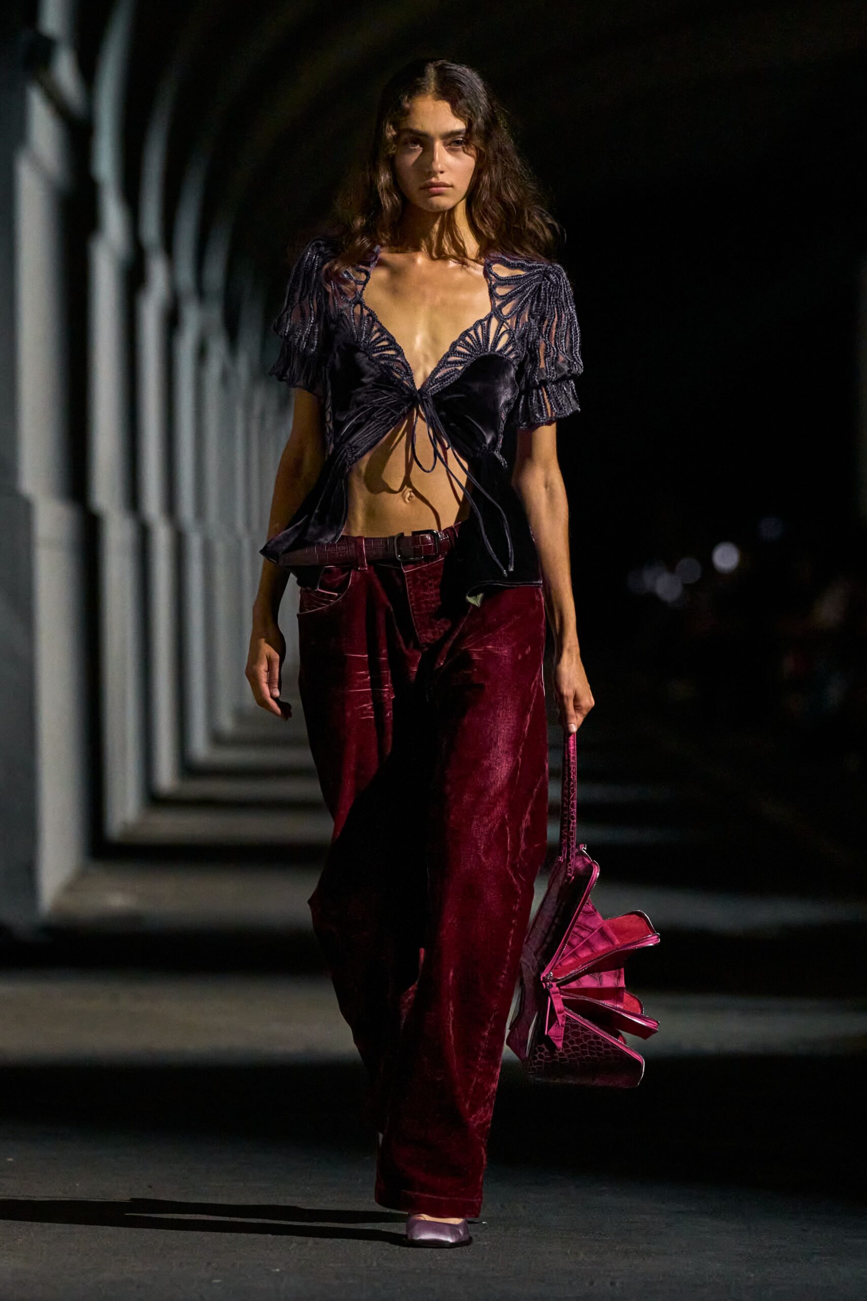 tie-front lace inset velvet top
